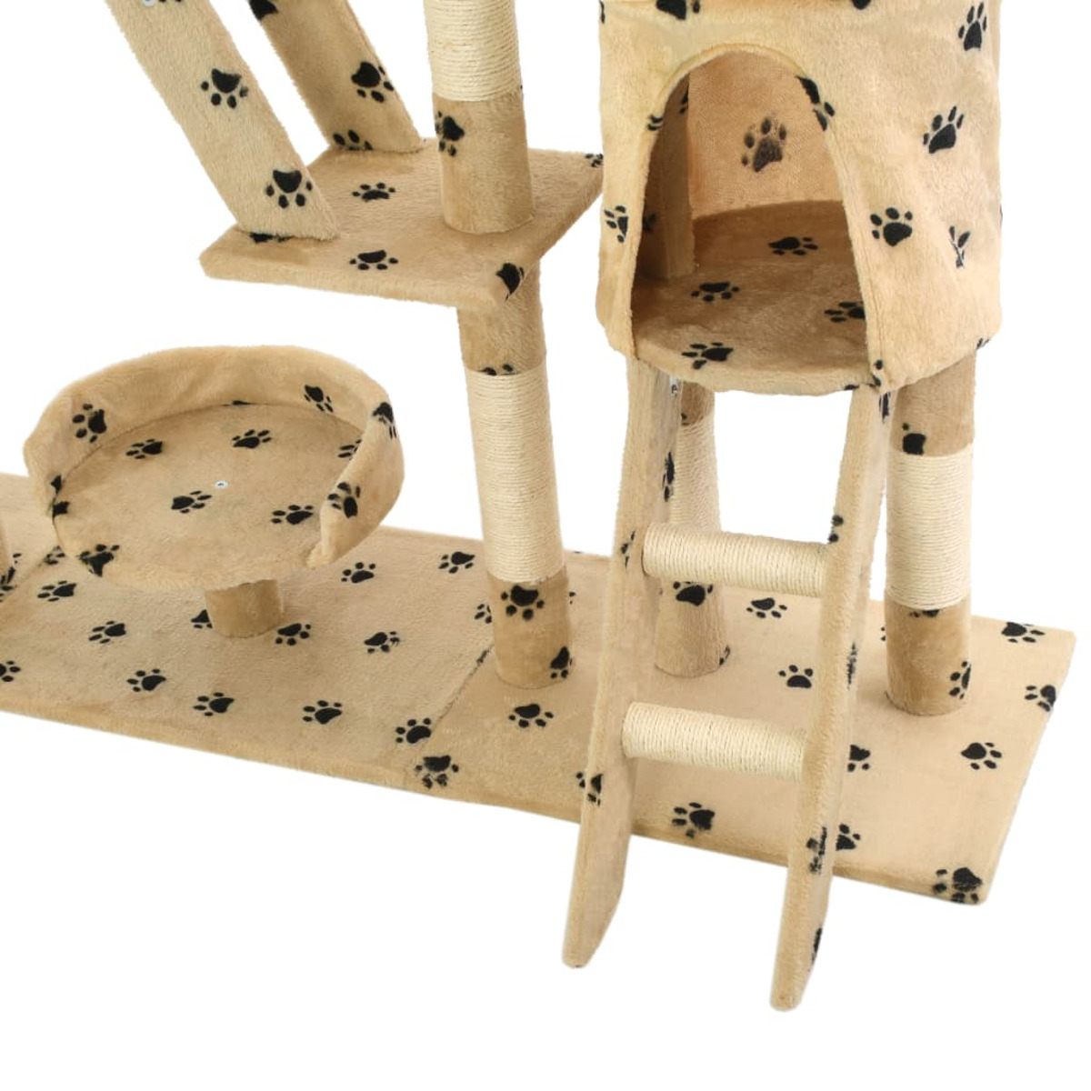 Beiger Katzenbaum mit schwarzen Pfotenabdrücken. Hat Plattformen, eine Leiter und ein Katzenhaus.