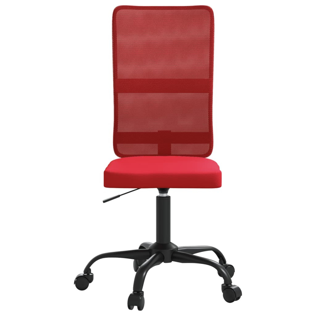Ein roter Netz-Bürostuhl mit schwarzem Untergestell und Rollen, von vorne gesehen.