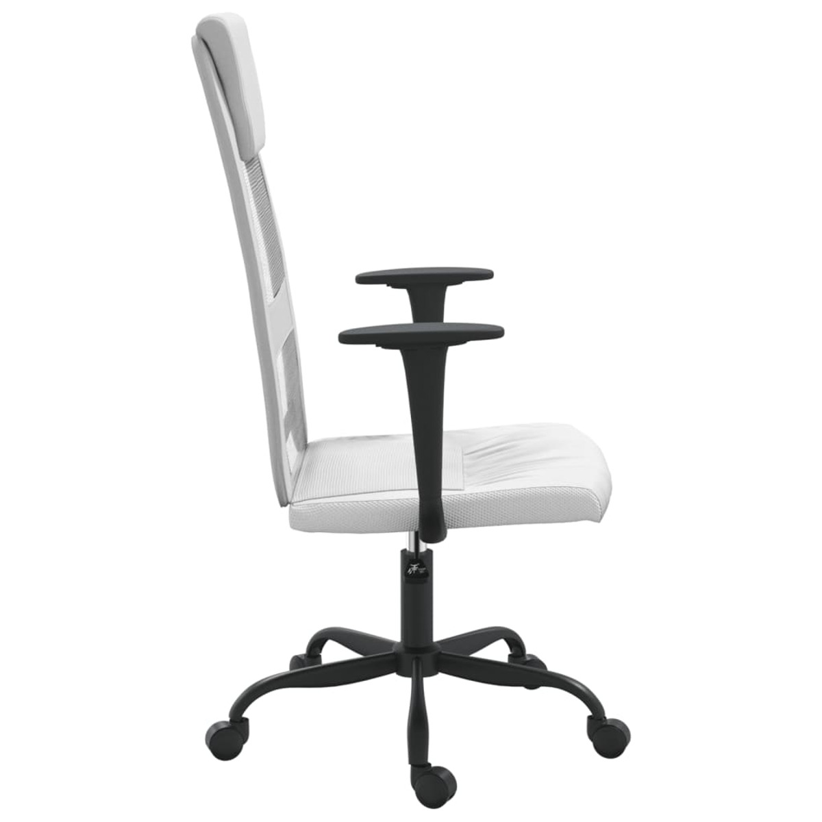 Bürostuhl, weißer Sitz und Rückenlehne mit Netz, schwarzes Gestell und Armlehnen.
