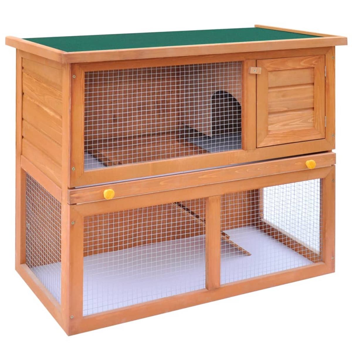 Ein zweistöckiger Kaninchenstall aus Holz mit grünem Dach und Drahtgitter.