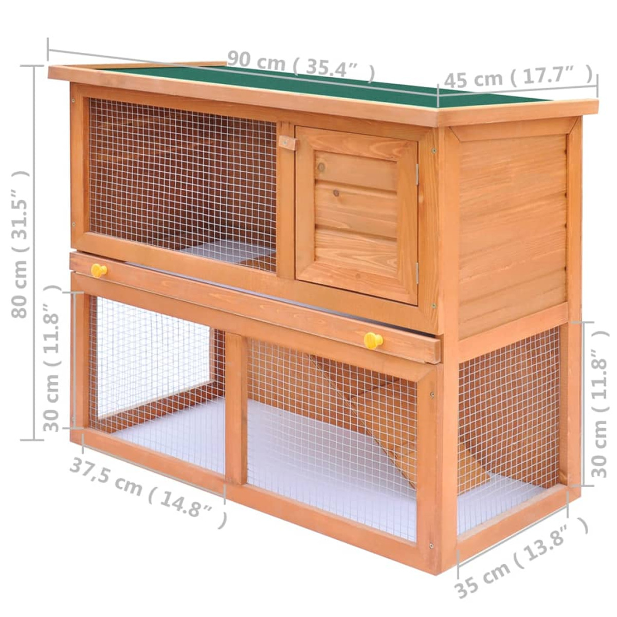 Ein zweistöckiger Kaninchenstall aus Holz mit Drahtnetztüren und einem grünen Dach.