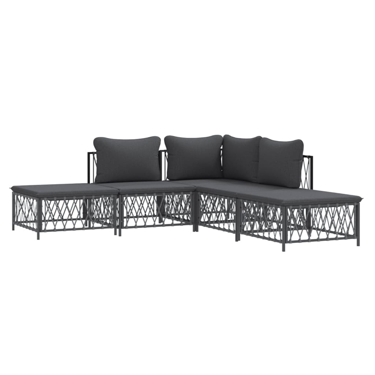 Outdoor-Ecksofa mit grauen Kissen und einem schwarzen Metallrahmen.
