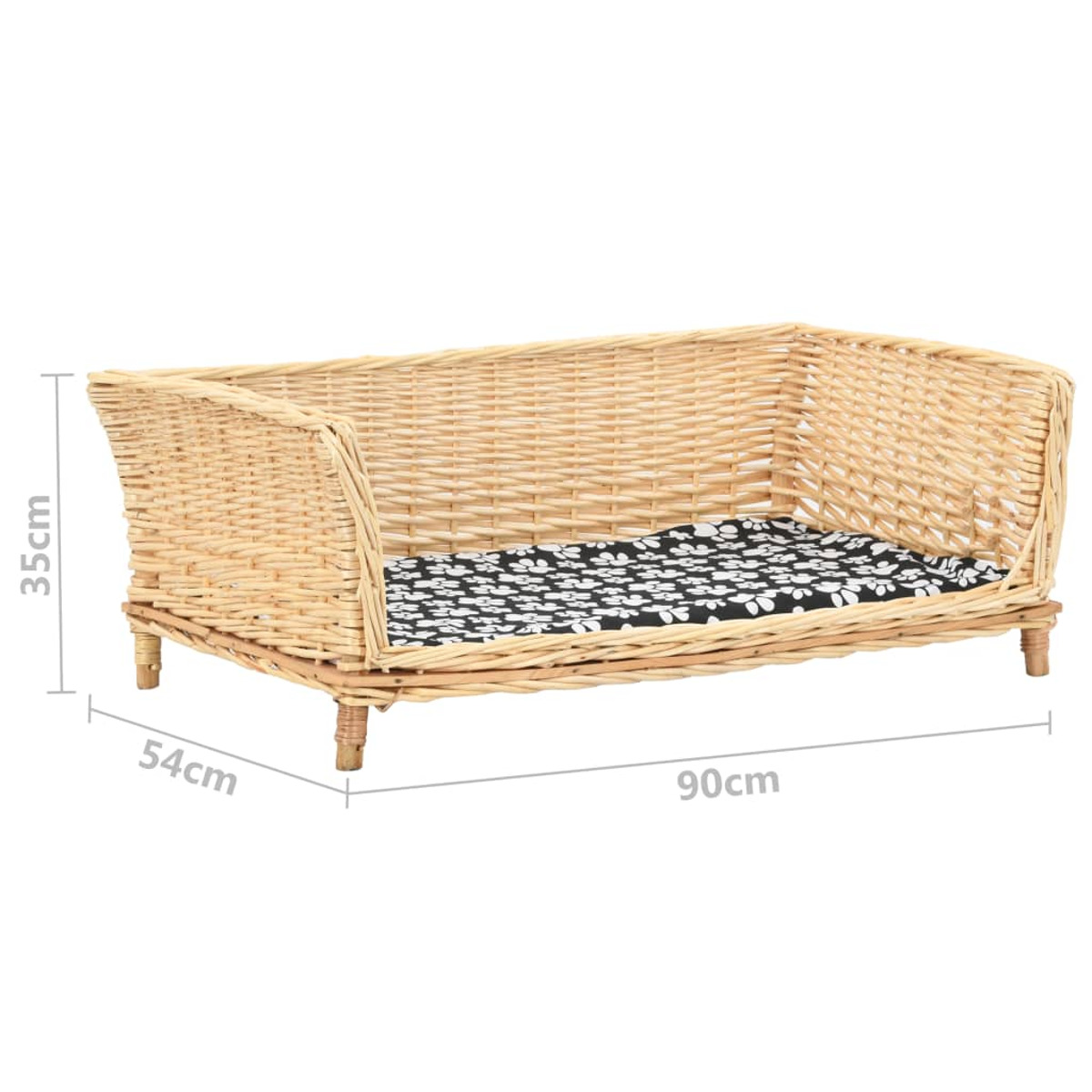 Weidenhundebett mit floralem Kissen. Es hat eine rechteckige Form mit geschwungenen Seiten und Beinen.