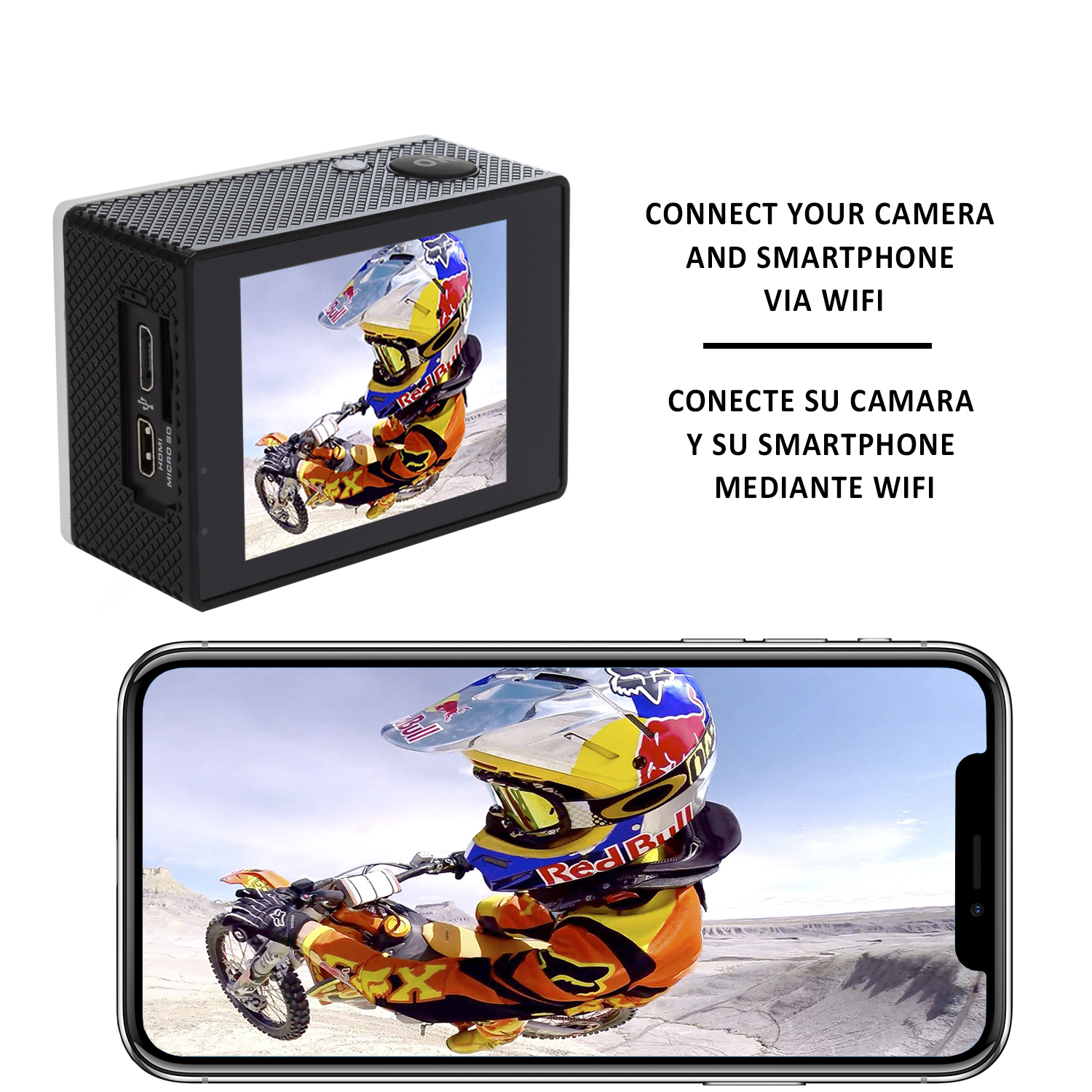 Cámara de acción con una pantalla que muestra a un motociclista. Un teléfono inteligente muestra el mismo metraje.