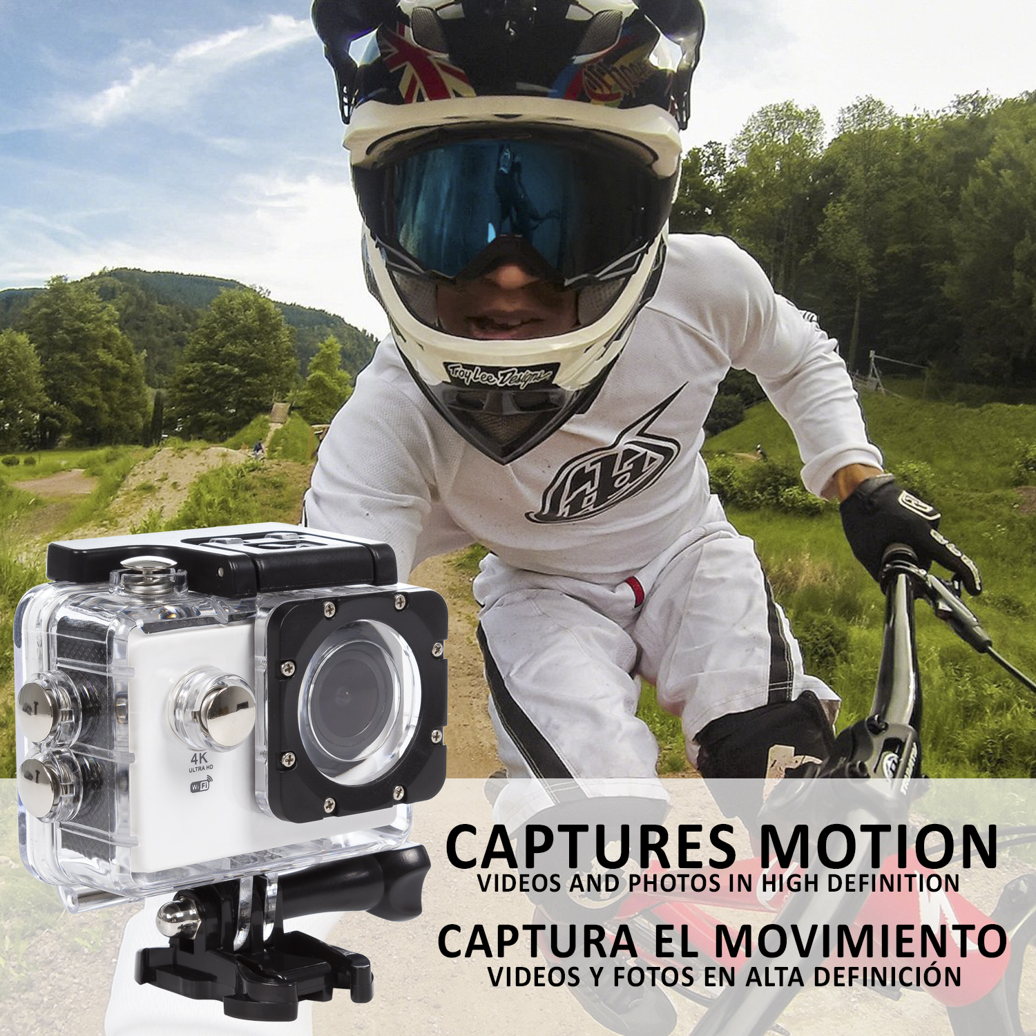 Persona montando en bicicleta con una cámara adjunta. Texto: Captura movimiento, vídeos y fotos en alta definición.