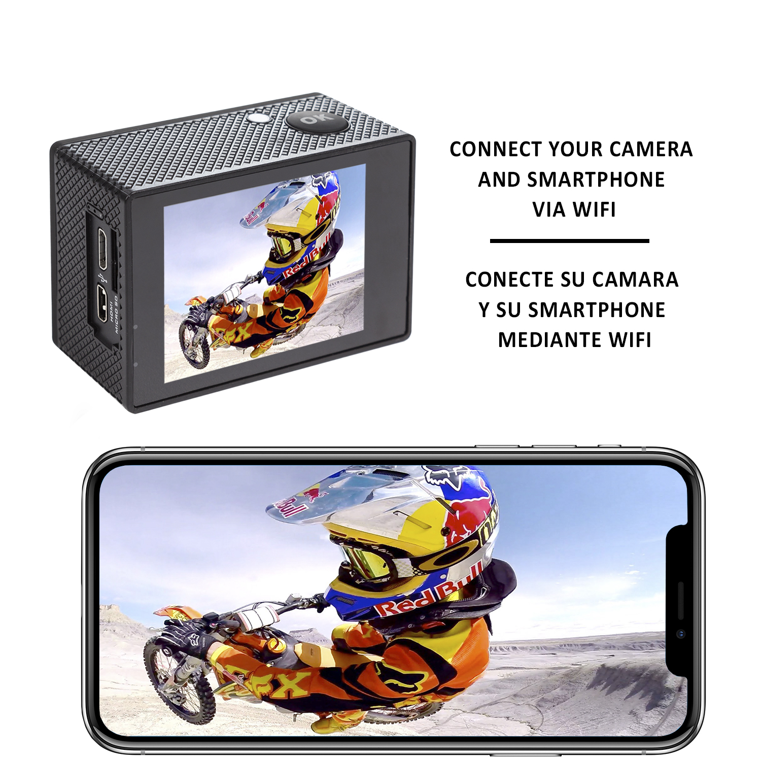 Una cámara de acción negra con una pantalla que muestra a un motociclista y un teléfono mostrando la misma imagen.
