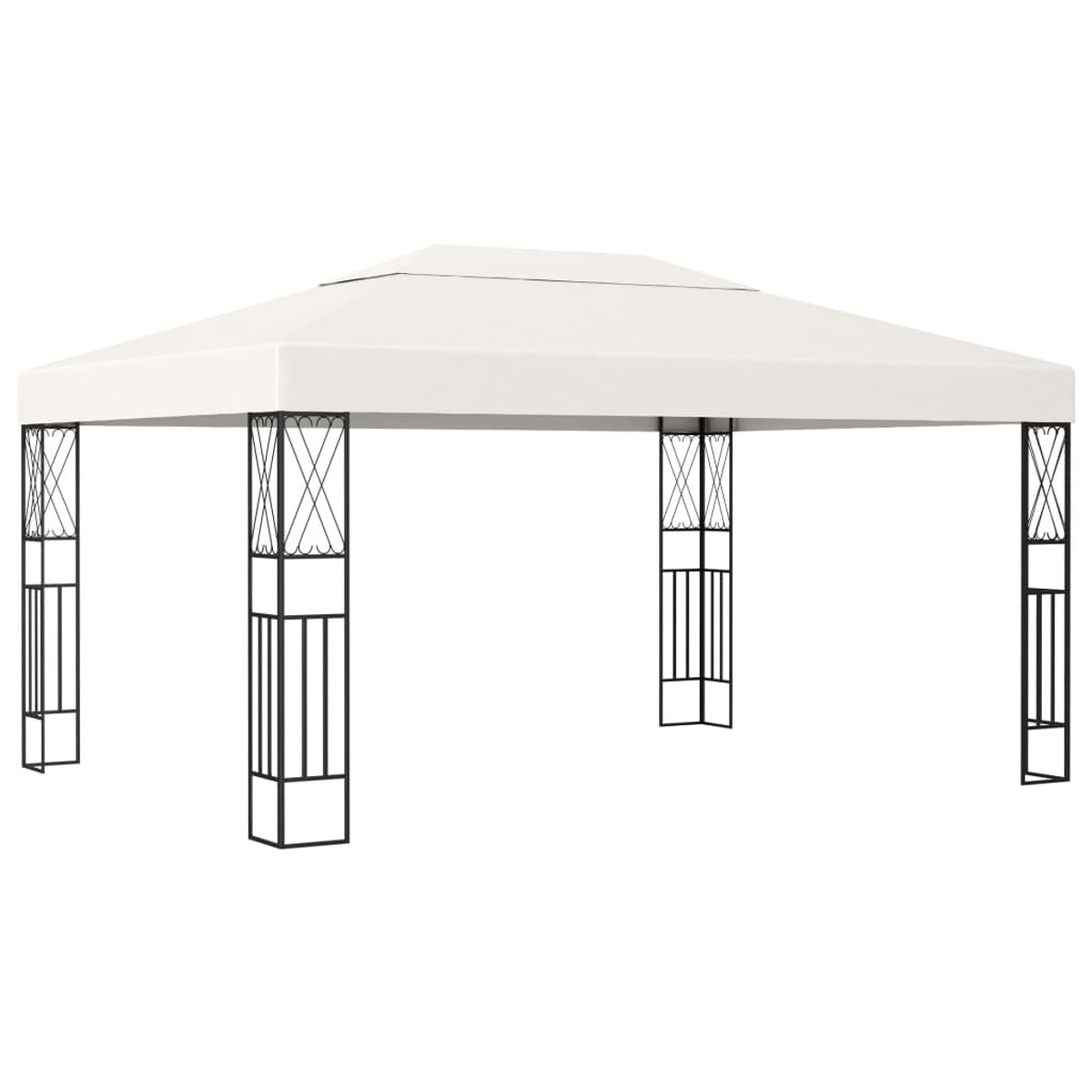 Weißer Pavillon mit schwarzen dekorativen Metallstützen und weißem Dach.