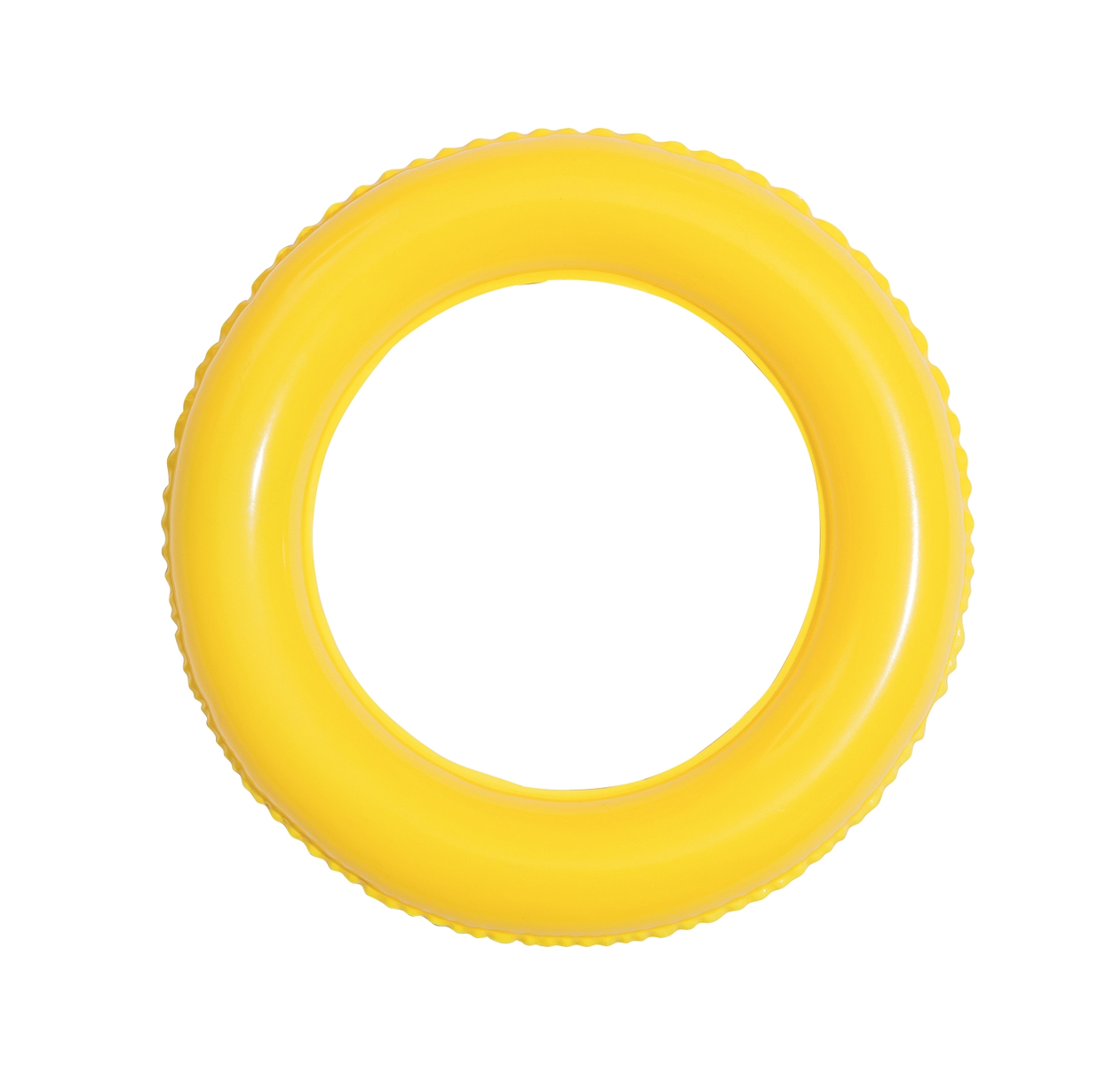 Anillo inflable amarillo para piscina. Tiene forma redonda con un agujero en el medio. Aislado sobre blanco.
