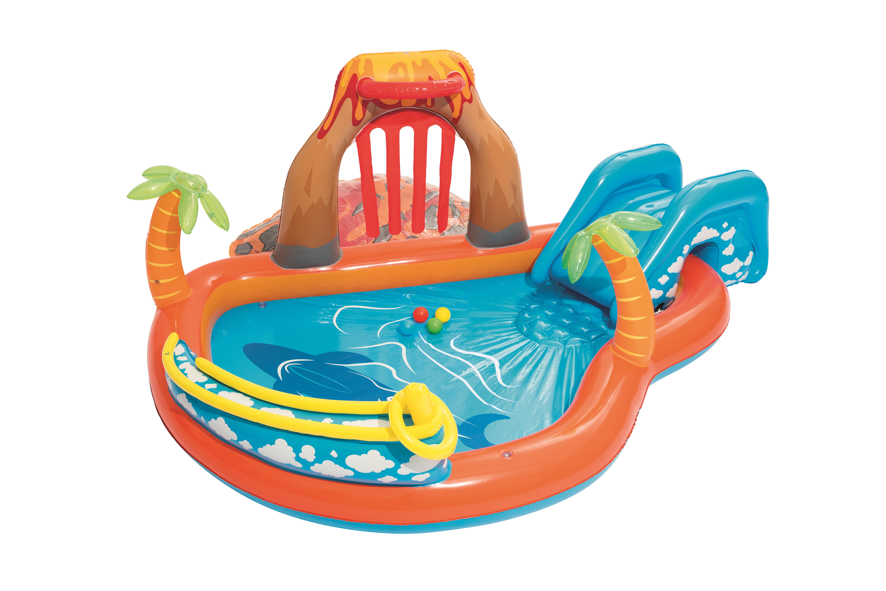 Piscina inflable para niños con volcán, tobogán, palmeras y aro de baloncesto.