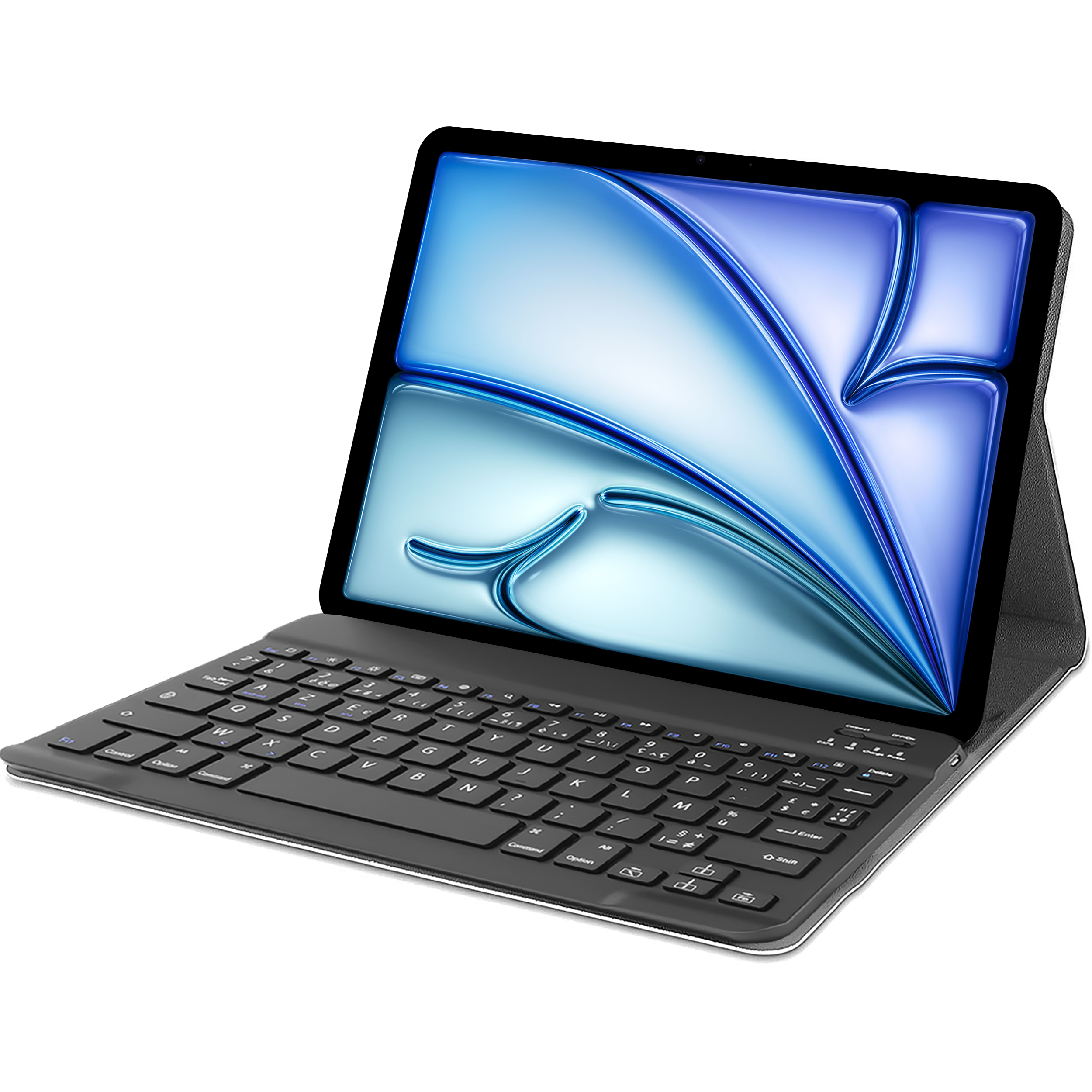 Tablet mit Tastatur, schwarz. Bildschirm zeigt blaues abstraktes Bild. In einer Hülle.