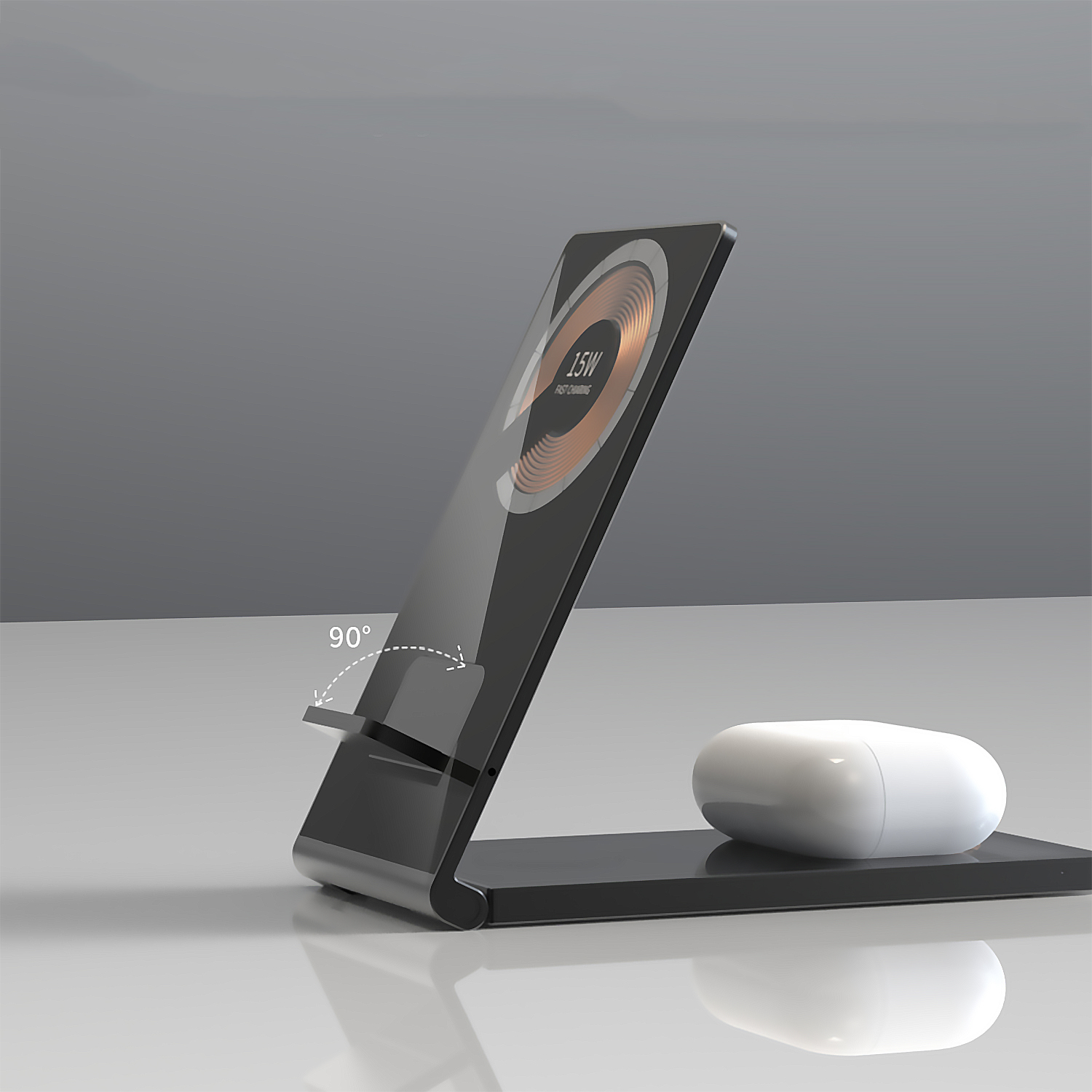 Supporto di ricarica nero con telefono e auricolari bianchi; grafica di ricarica da 15W.