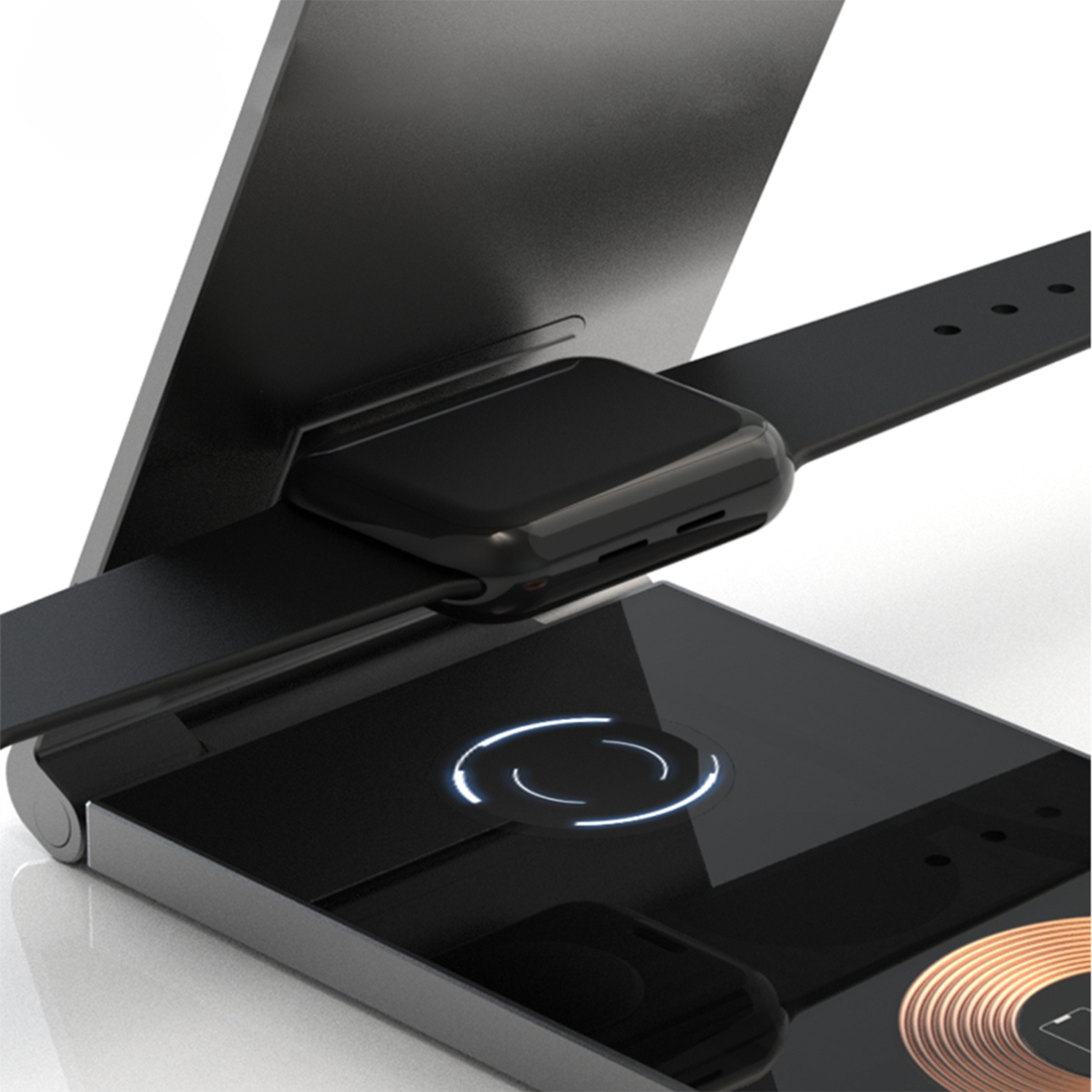 Un supporto di ricarica nero con un iWatch e un pad di ricarica. Il pad ha un cerchio blu brillante.