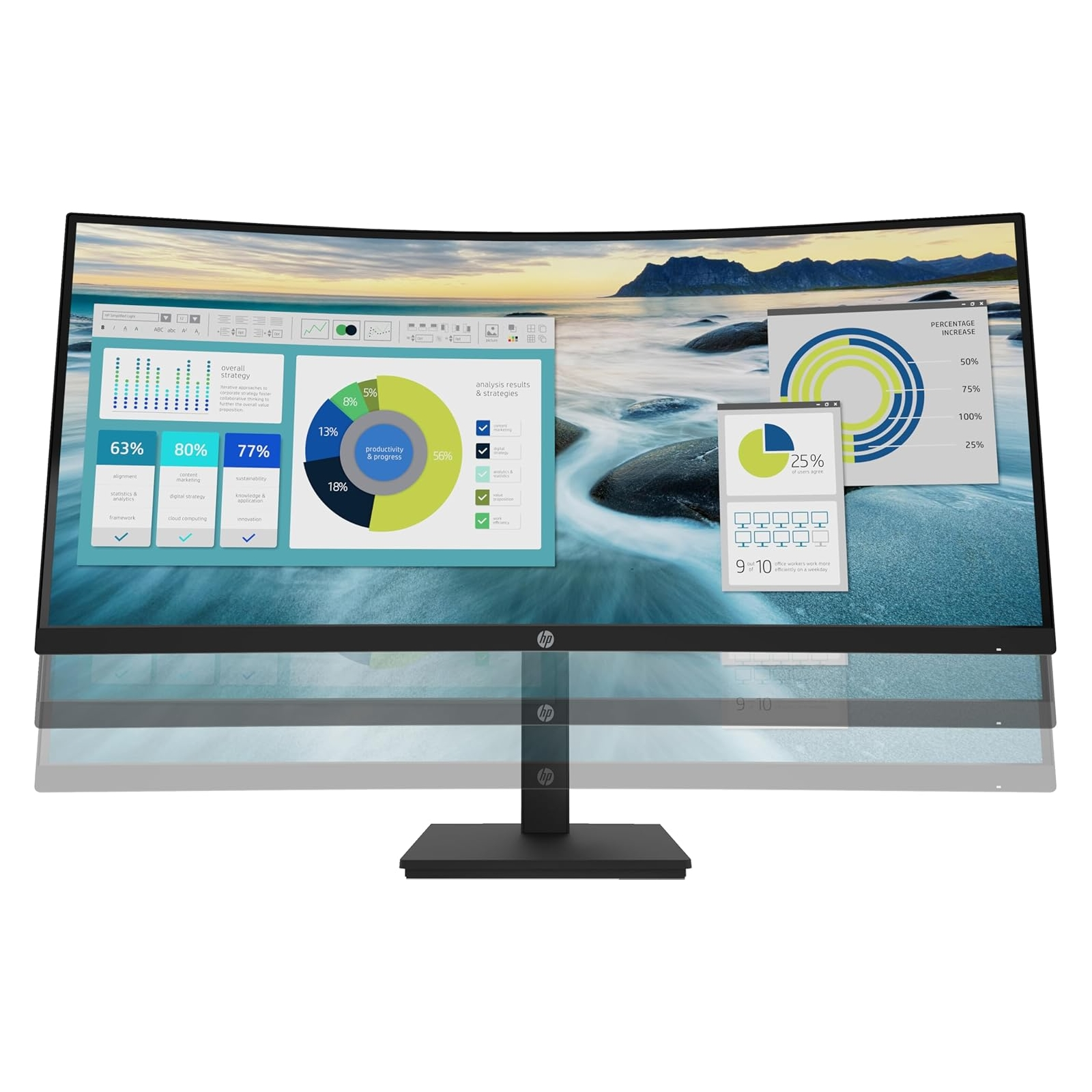 Monitor curvo nero con grafici e dati, su sfondo bianco.