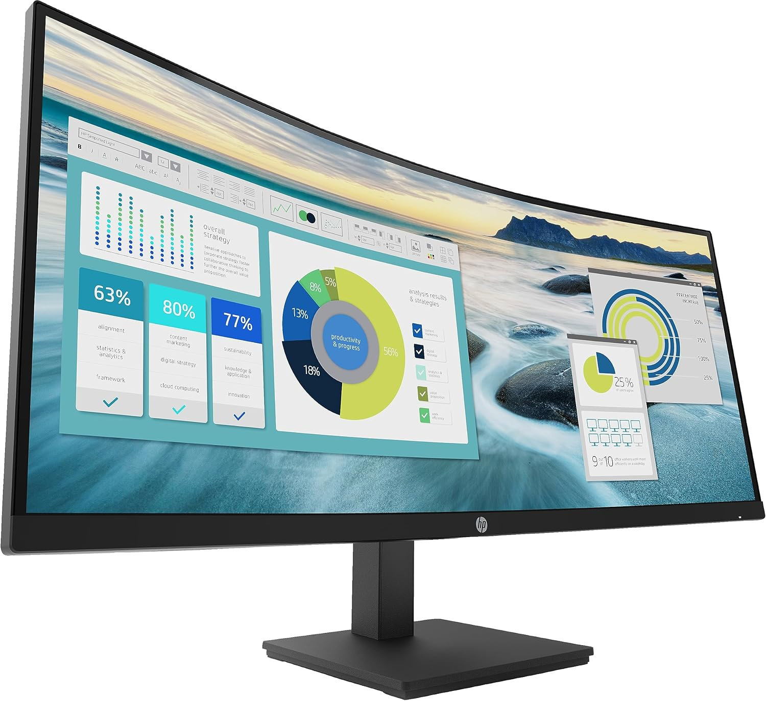Monitor curvo con grafici dati, cornice nera, supporto nero, sfondo bianco.
