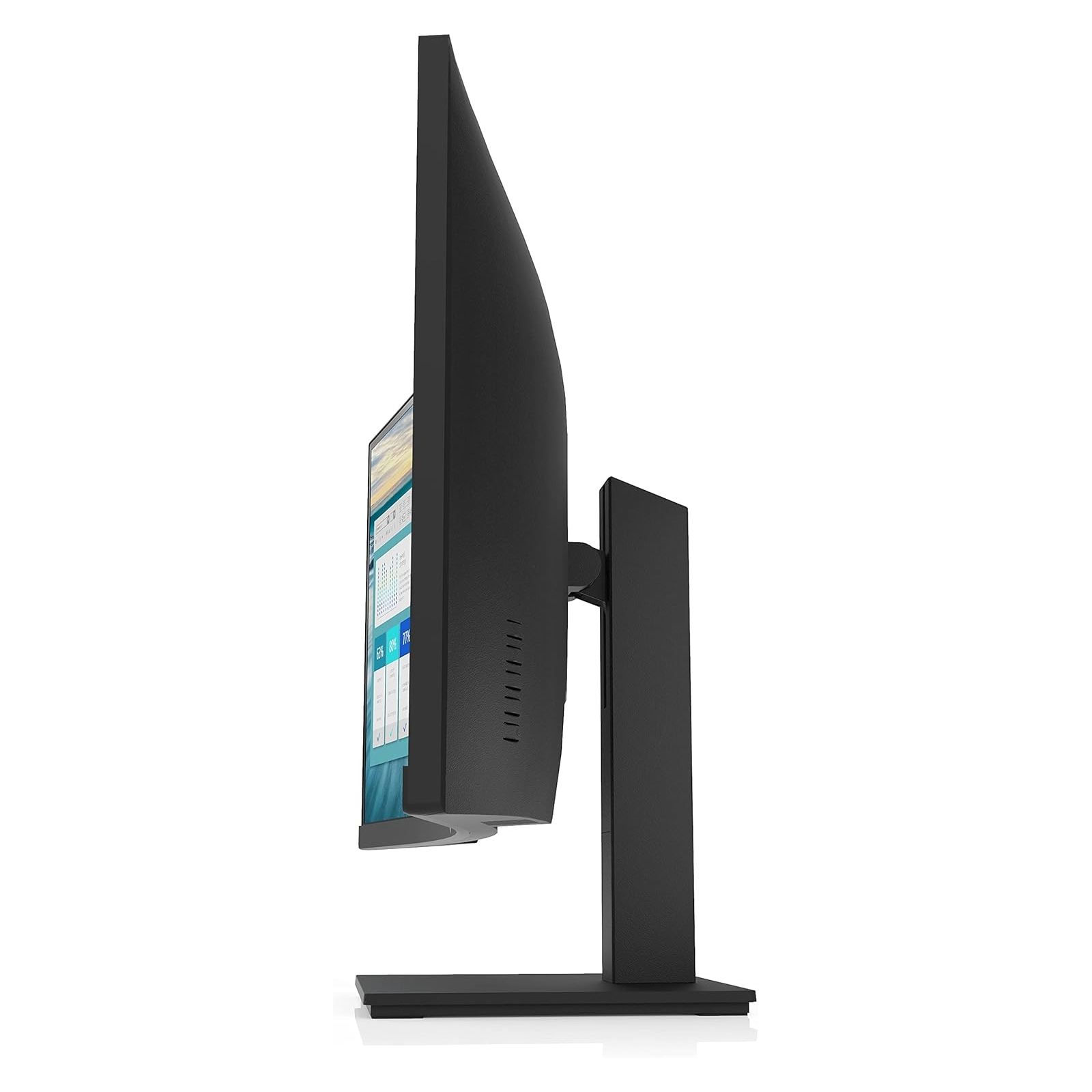 Monitor nero, vista laterale. Mostra il profilo e il supporto del monitor.