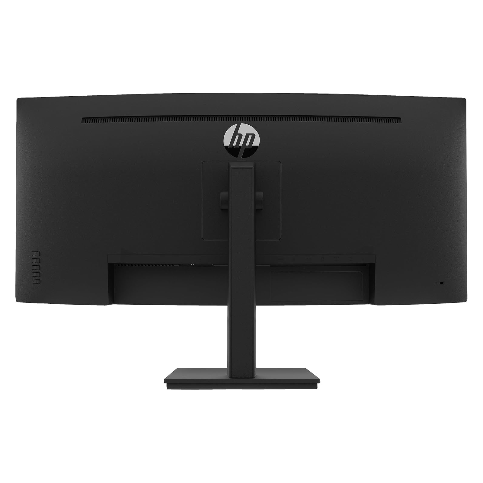 Vista posteriore di un monitor per computer nero con supporto. Il logo HP è visibile.