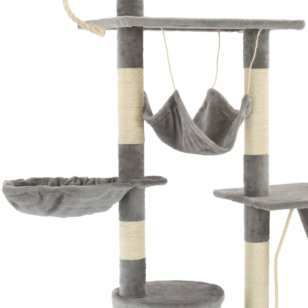 Katzenturm mit mehreren Ebenen. Graues Gewebe, beige Pfosten mit Seil und eine hängende Hängematte.