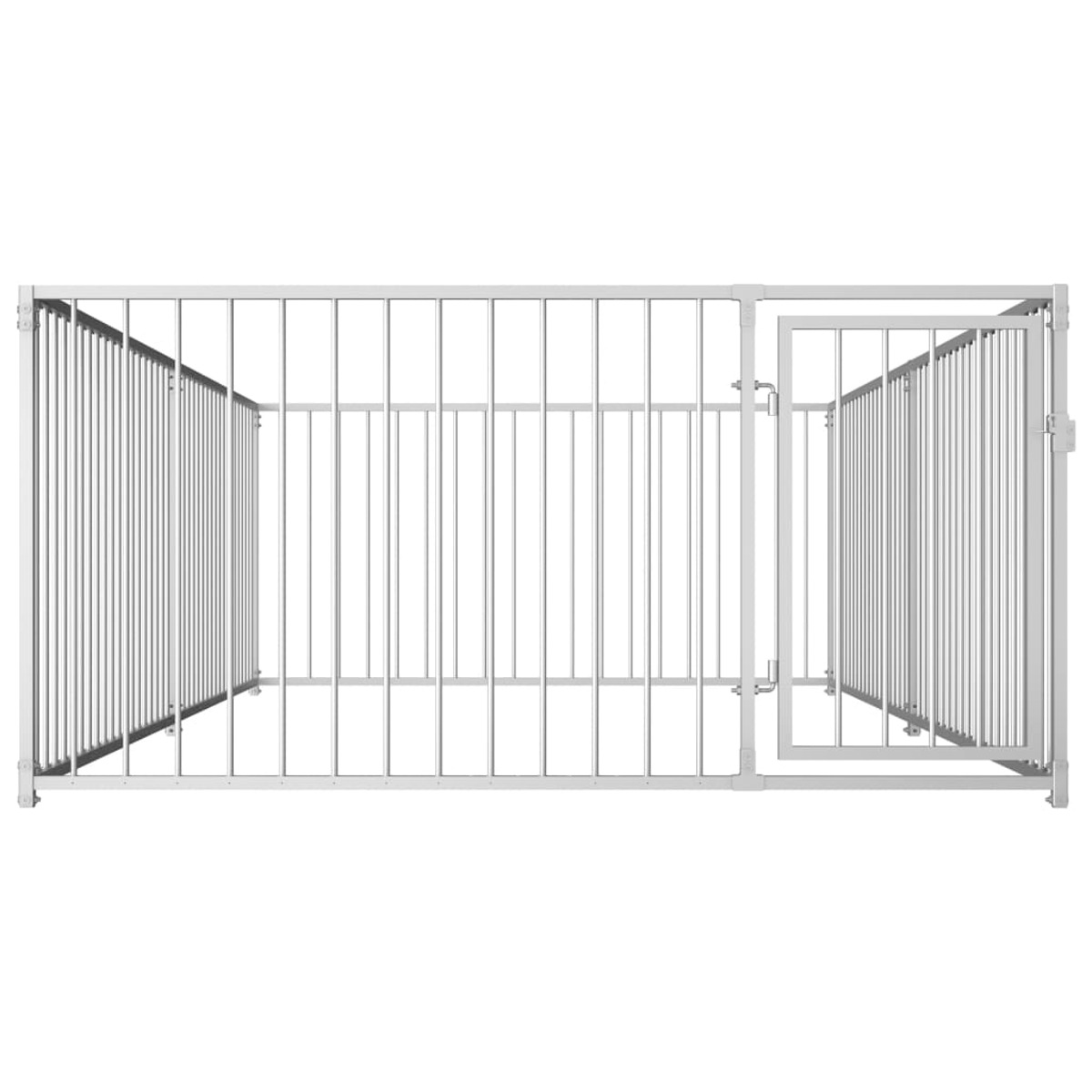 Silberfarbener Hunde-Zwinger aus Metall mit leicht geöffneter Tür. Offenes Design, einfache Linien, Draufsicht.