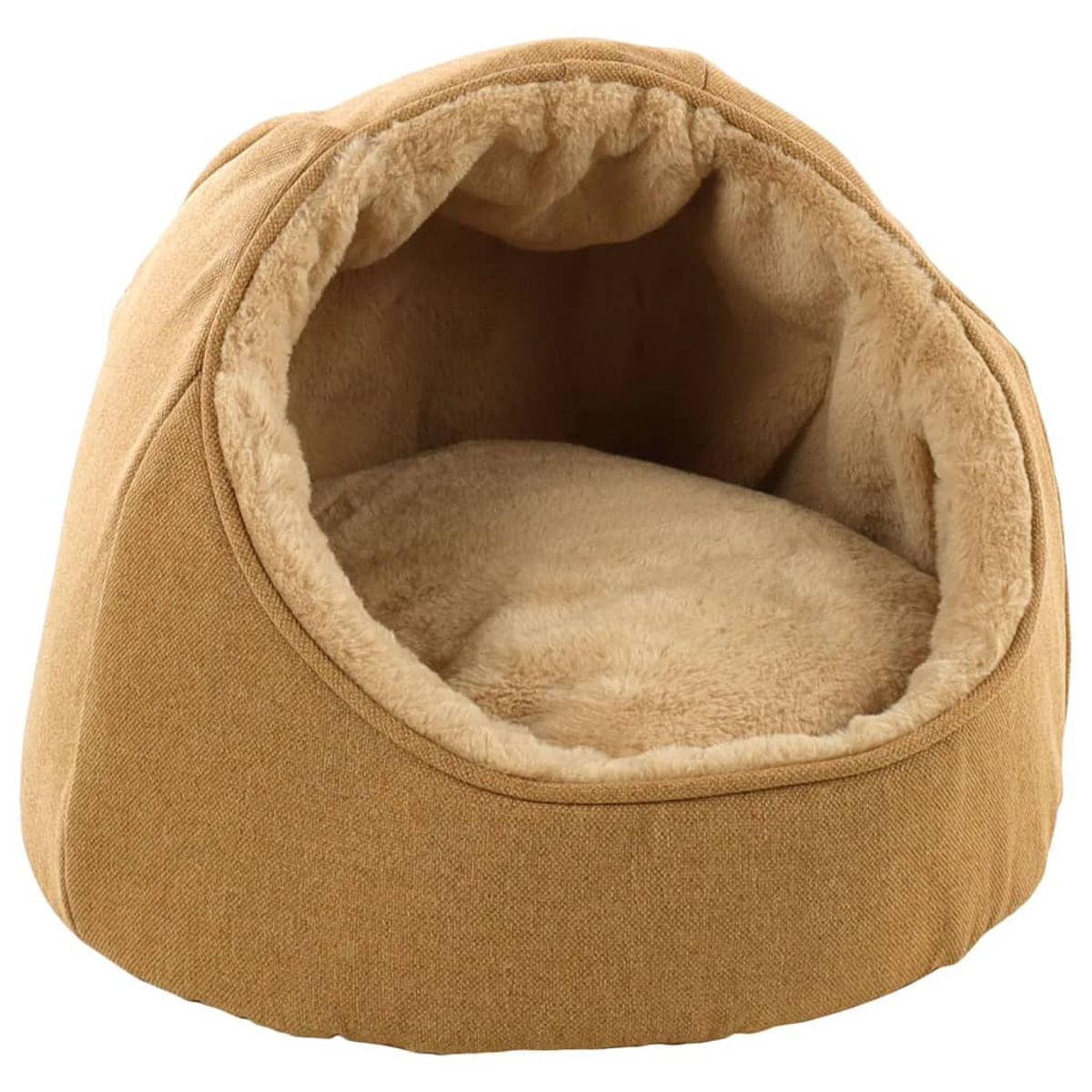 Ein braunes Haustierbett. Es ist ein rundes, höhlenartiges Bett mit weichem, pelzigem Inneren.
