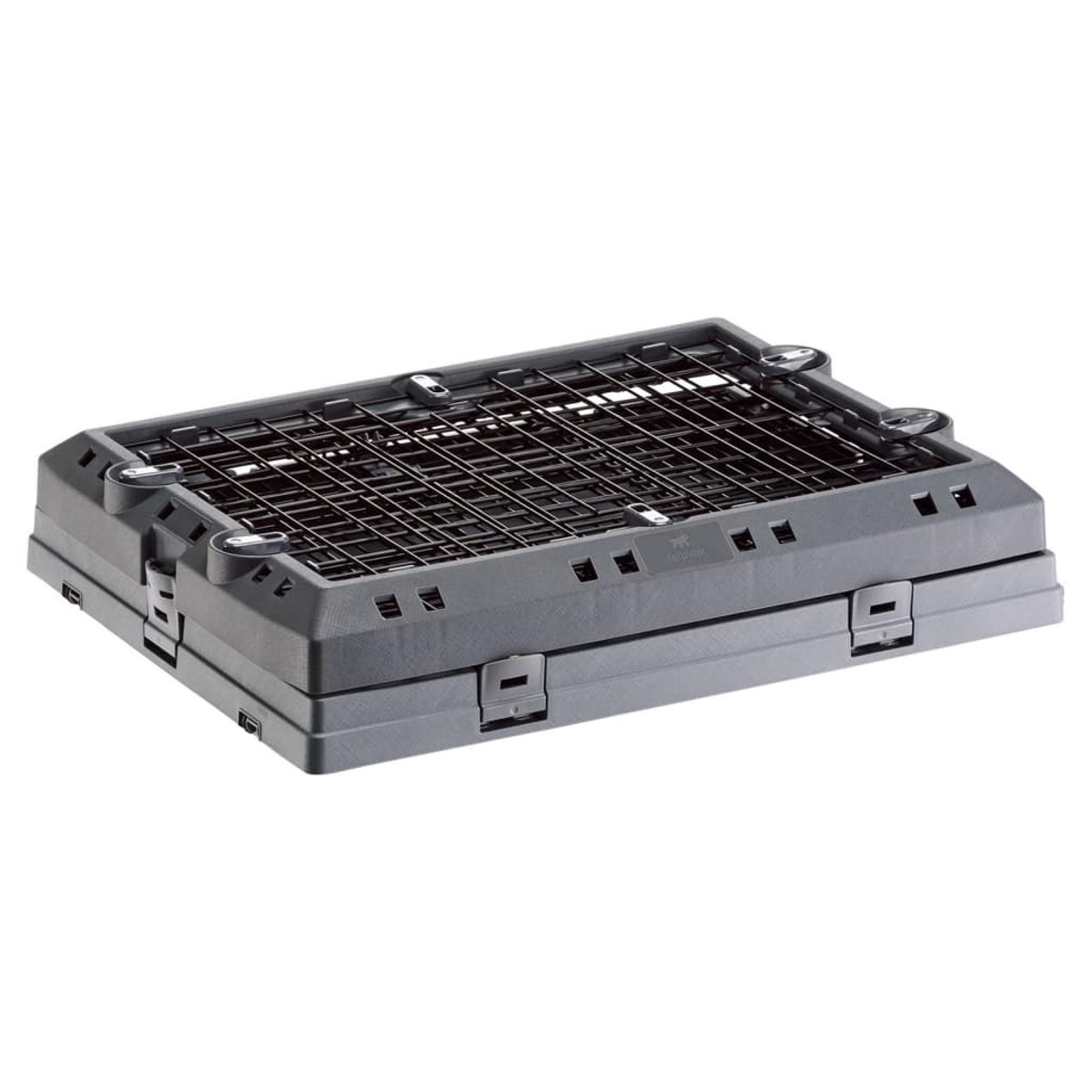 Ciemnoszara składana skrzynia do przechowywania z uchwytami i metalową kratką, na białym tle.