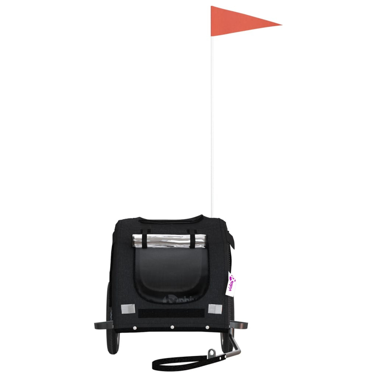 Schwarzer Haustieranhänger mit roter Flagge an einer weißen Stange. Anhänger hat Räder und einen Griff.