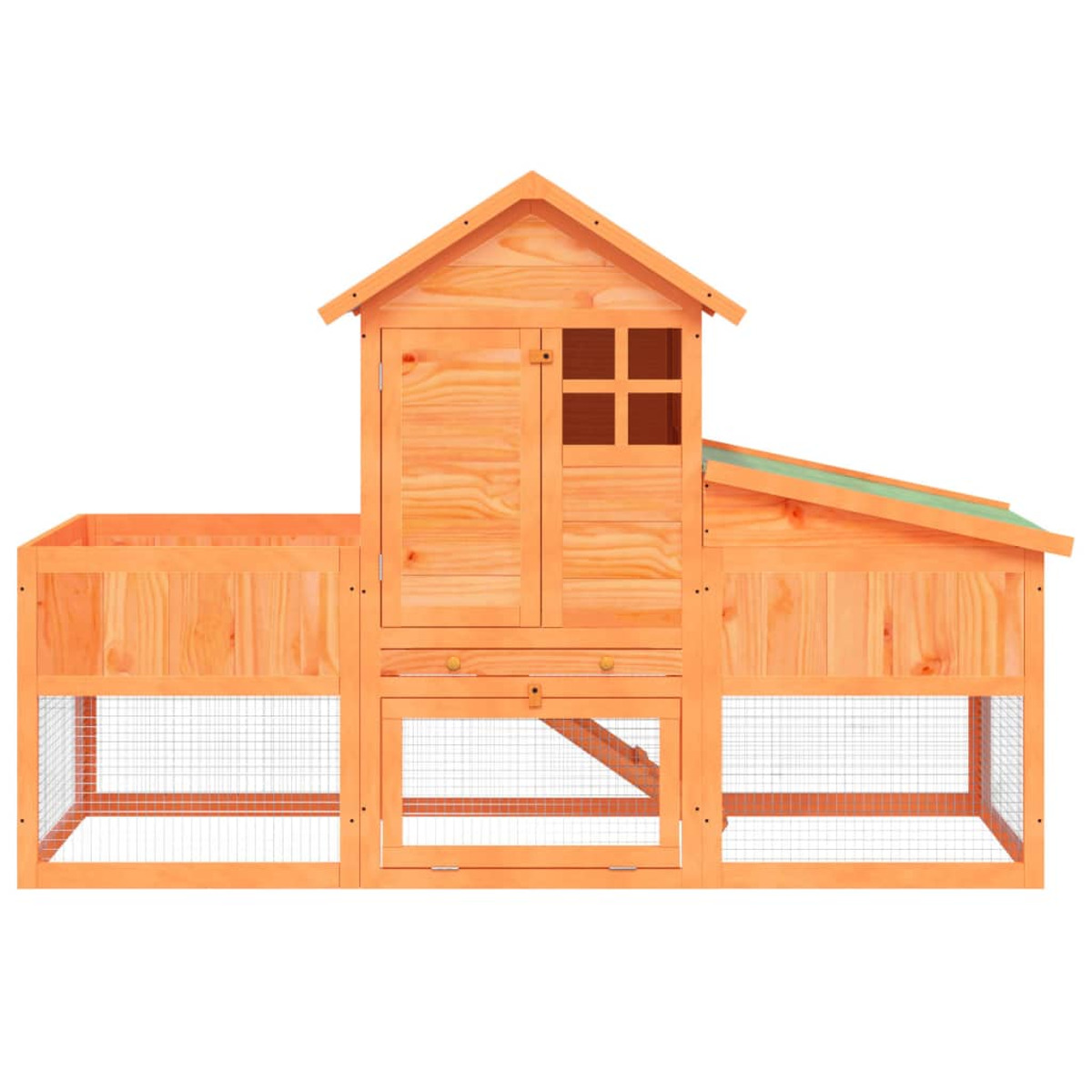 Ein Hühnerstall aus Holz mit mehreren Abteilen, darunter ein Stall und ein Auslauf.