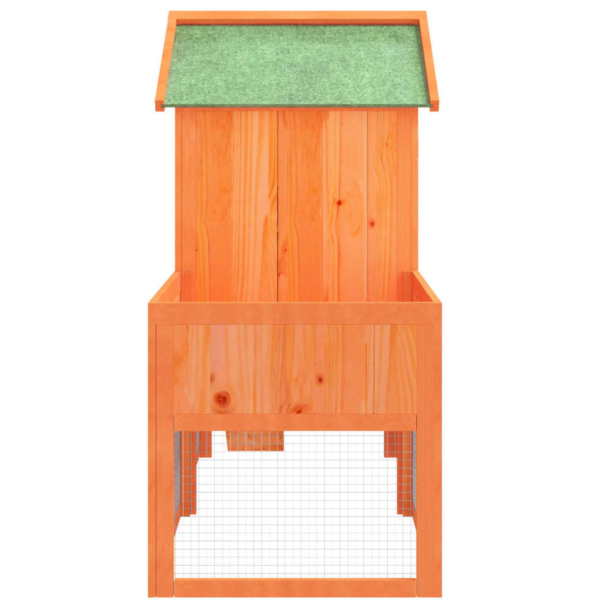 Hühnerstall aus Holz mit grünem Dach. Hat einen Metallgitterboden und -tür. Aus orangem Holz.