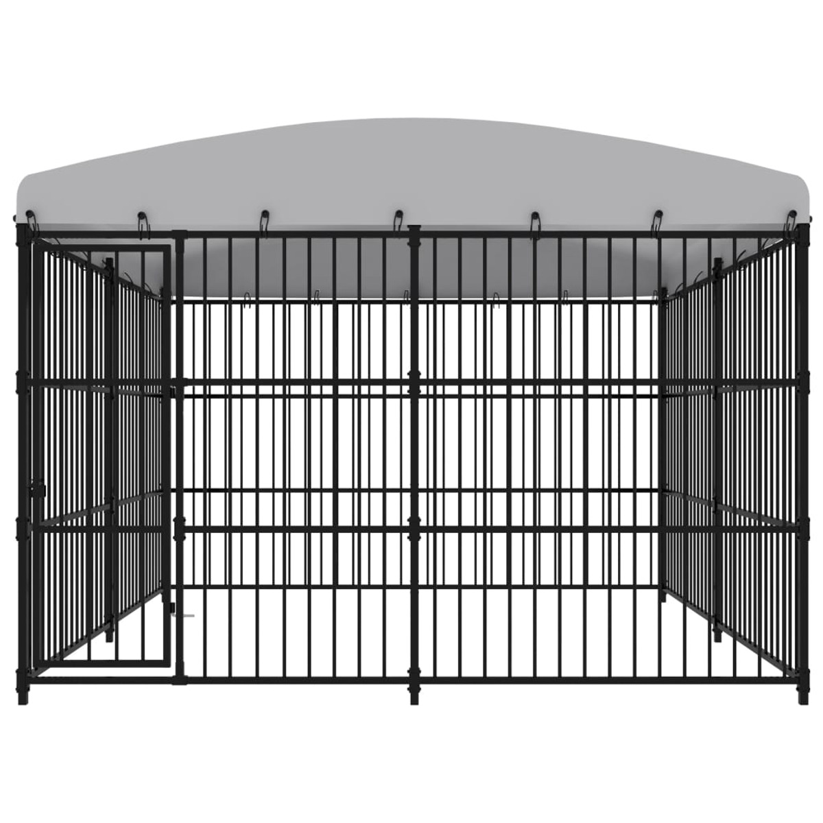 Eine schwarze Metall-Hundehütte mit grauem Dach, vorne offen. Vertikale Stäbe bilden Seiten.