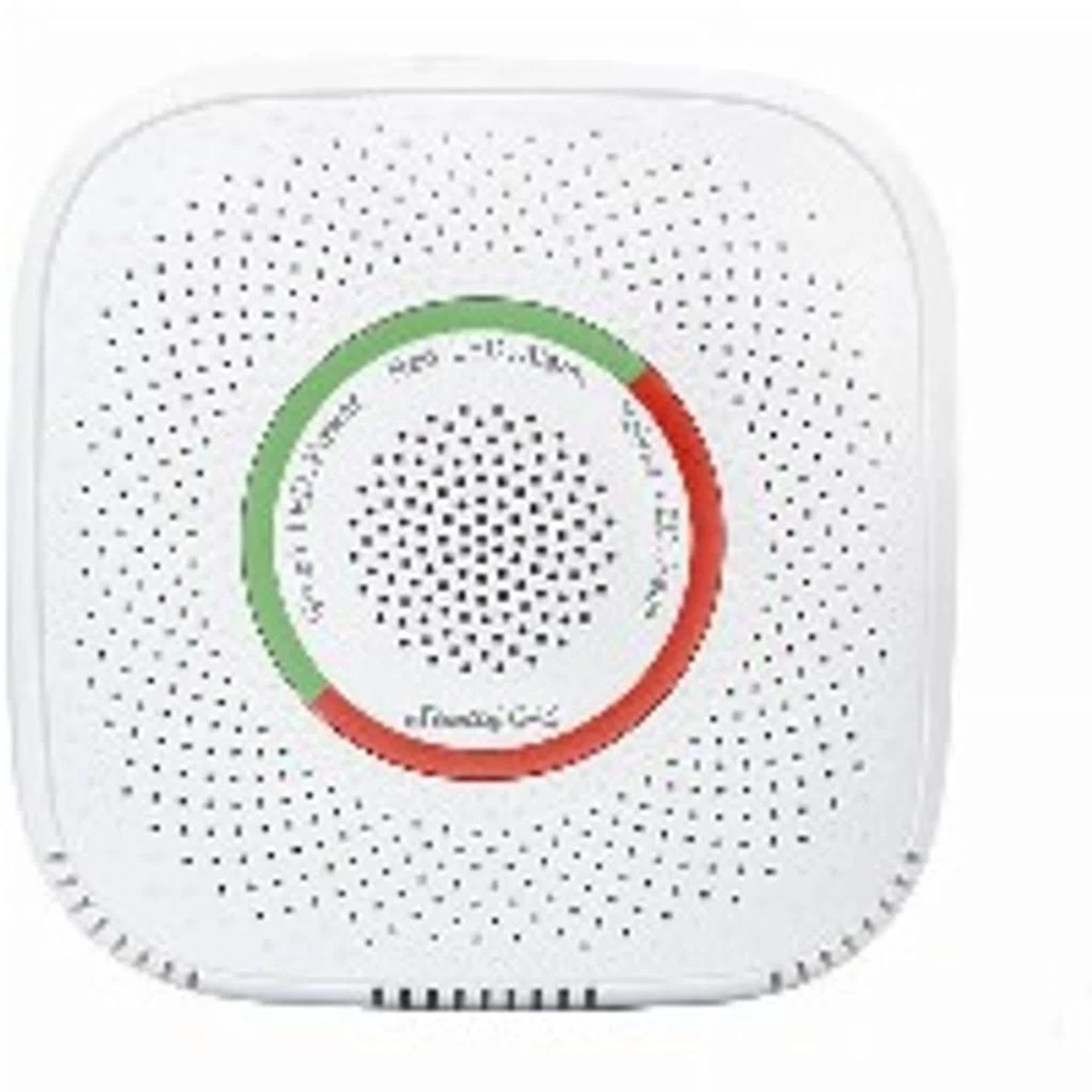 Biały, okrągły czujnik dymu z zielonymi i czerwonymi lampkami kontrolnymi.