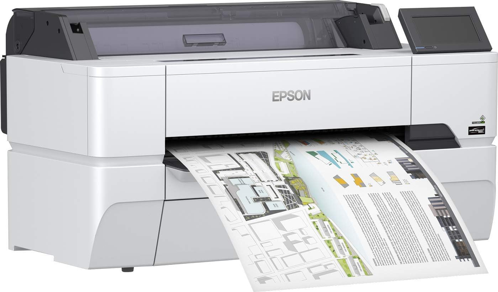Una stampante Epson bianca che stampa una pianta architettonica colorata.