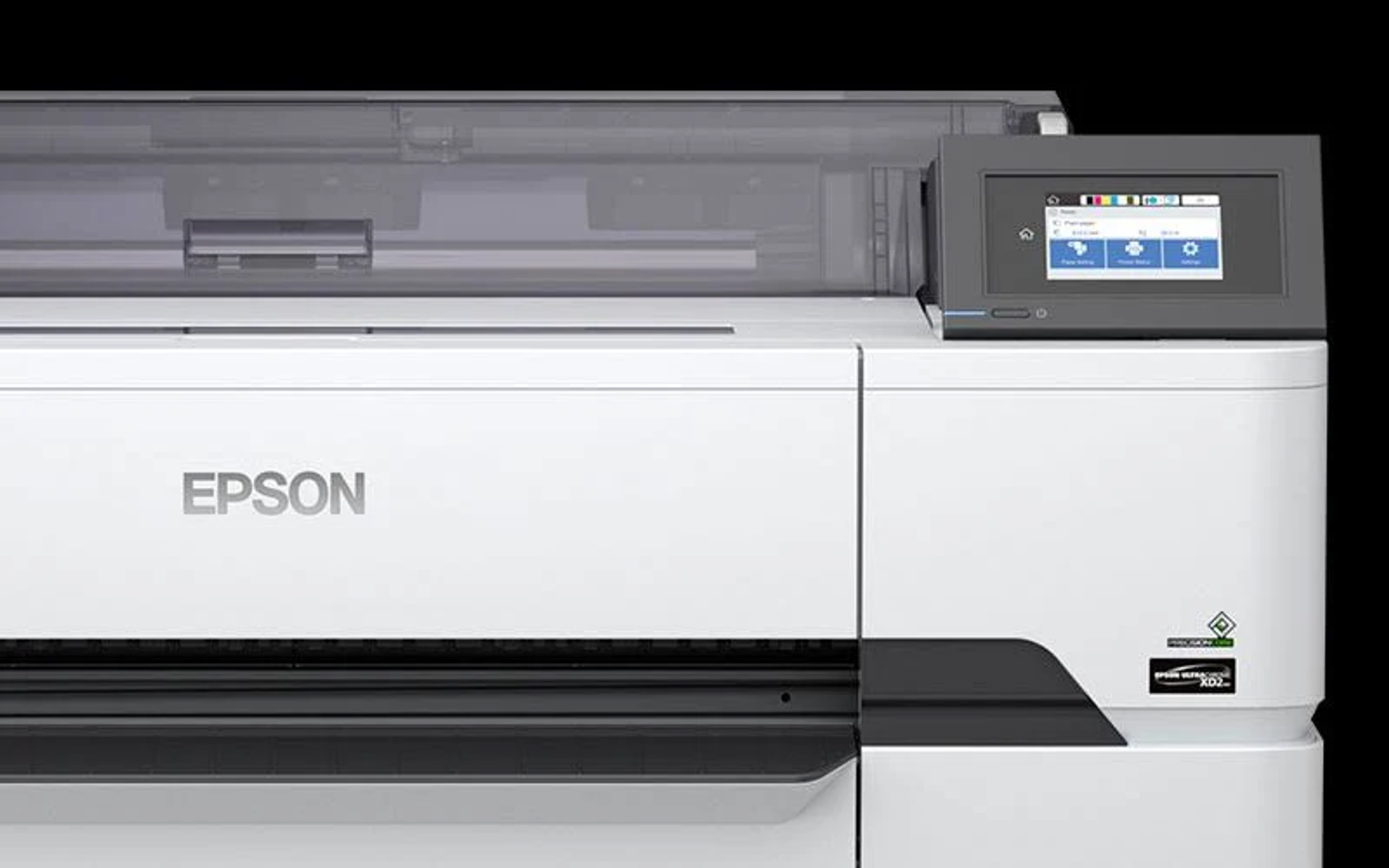 Una grande stampante bianca con il logo Epson e un pannello di controllo, su sfondo nero.