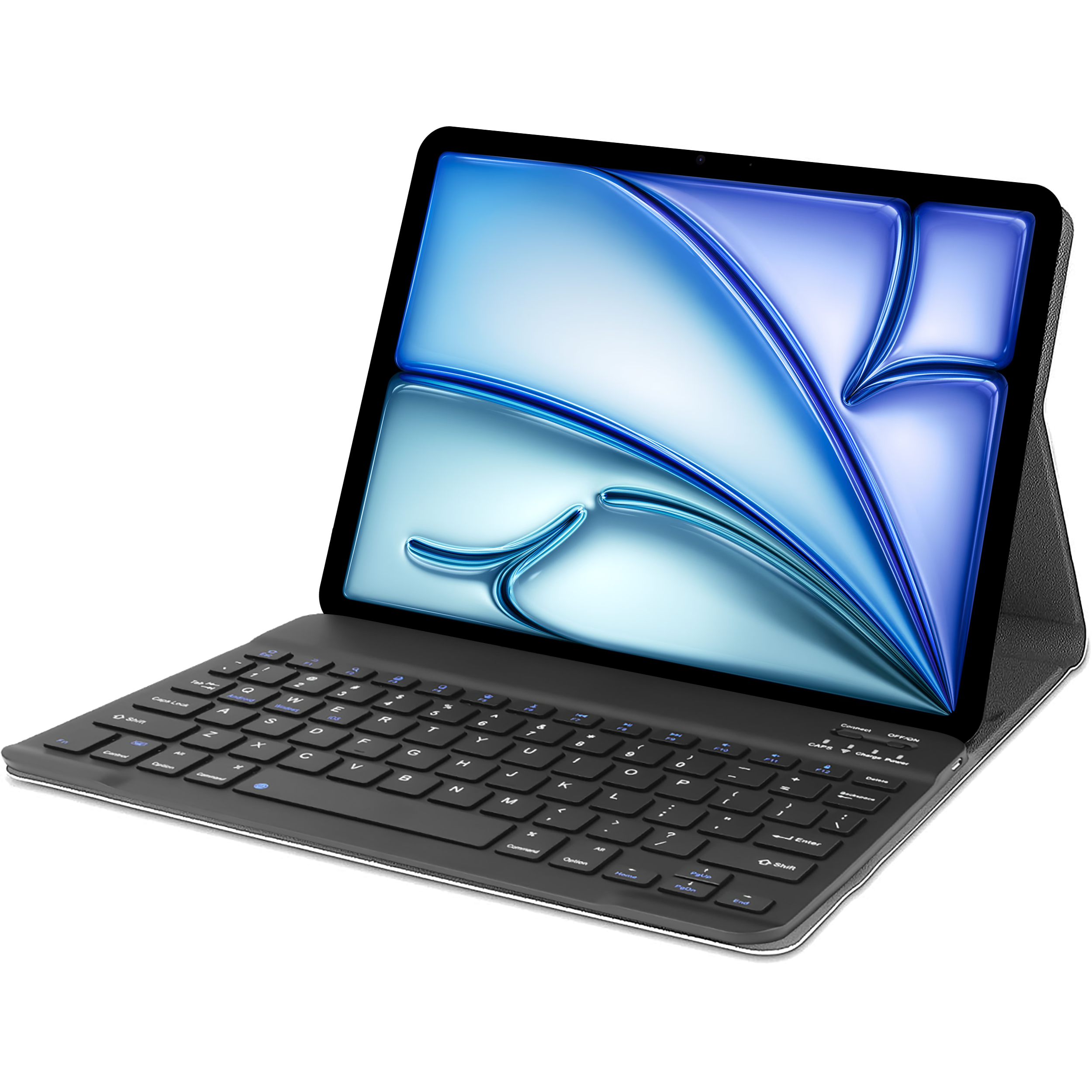 Tablet mit Tastatur. Der Bildschirm zeigt ein blaues und weißes abstraktes Bild.
