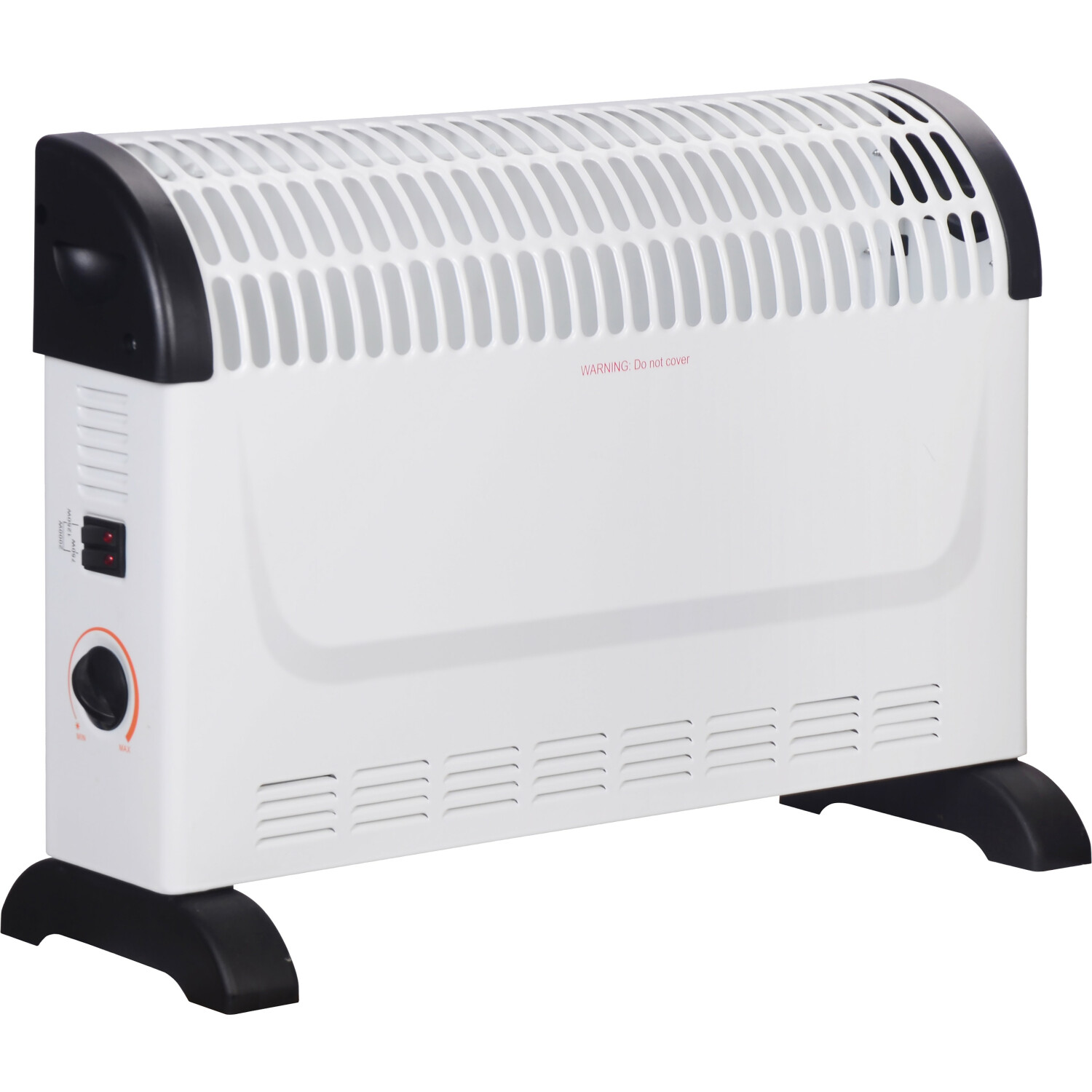 Biały grzejnik elektryczny z czarnym blatem i podstawą, z etykietą ostrzegawczą.