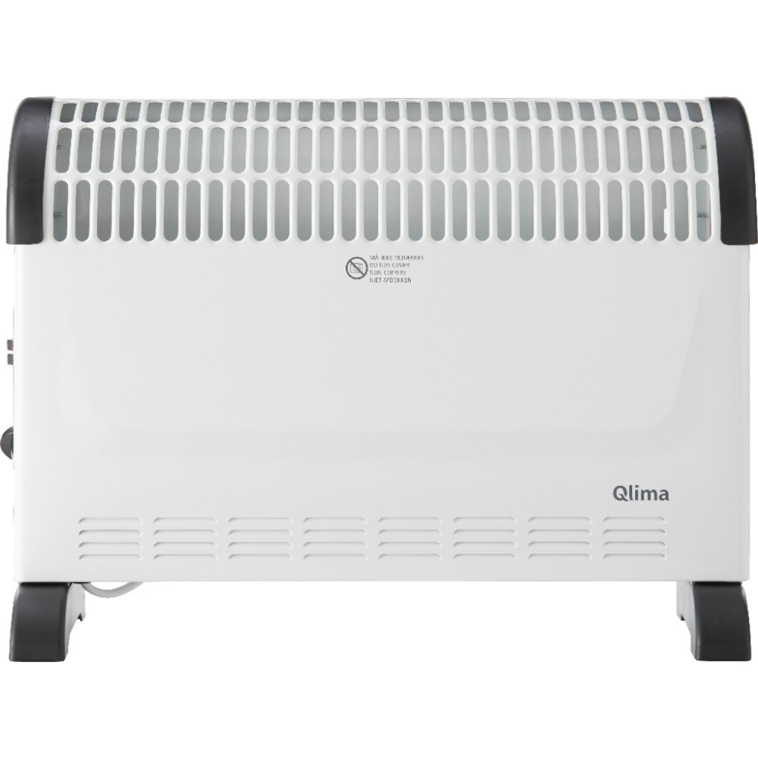 Biały grzejnik elektryczny z czarnymi akcentami. Widok z przodu. Białe tło.