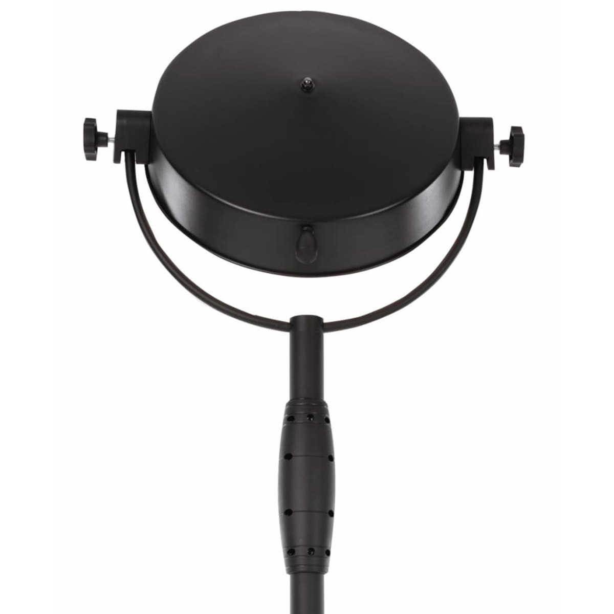 Eine schwarze Stehlampe mit rundem Kopf. Sie hat verstellbare Arme und einen runden Schirm.
