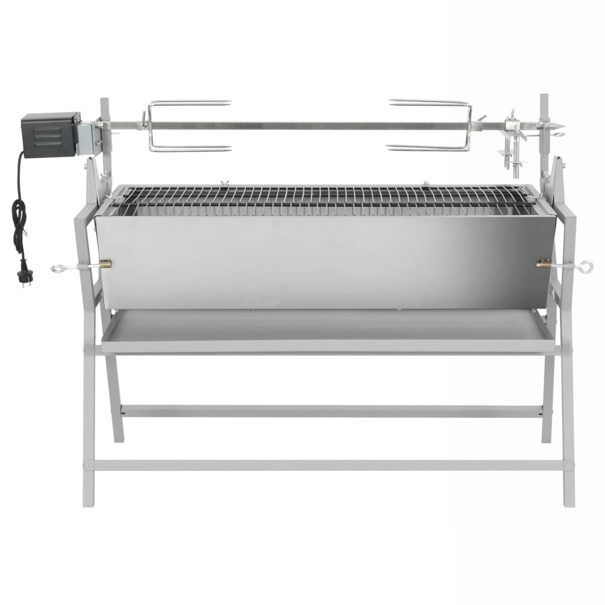 Ein silberner Grill mit Elektromotor und Ständer.