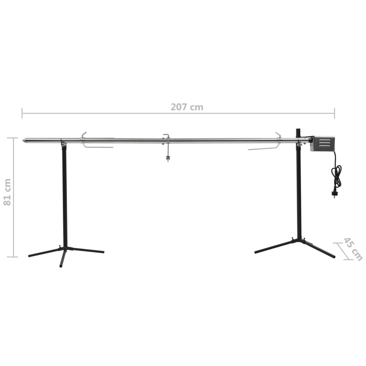 Metall-Grill mit schwarzen Beinen, 207 cm lang und 81 cm hoch, mit Maßangaben.