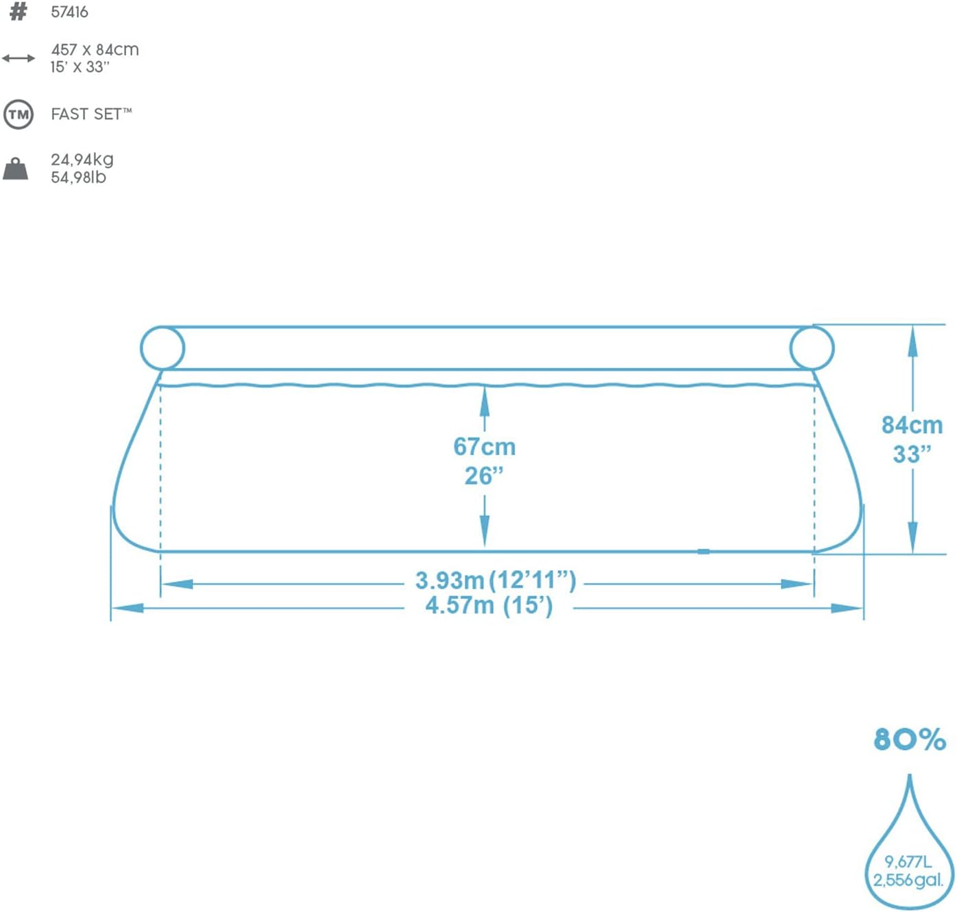 Blauer Pool mit Abmessungen und Wasserstanddetails.