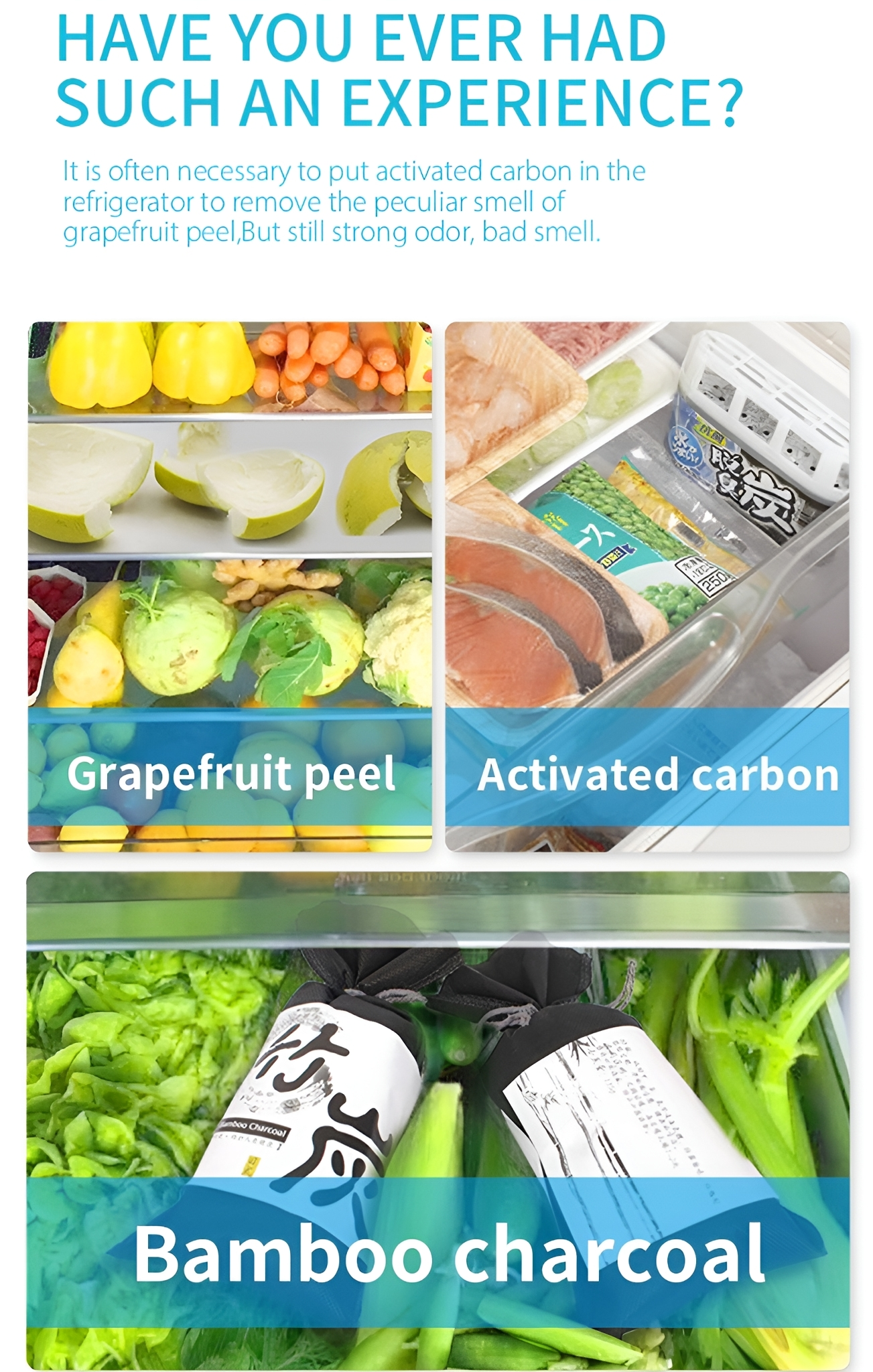 Bild mit Text und Fotos von Lebensmitteln in einem Kühlschrank, einschließlich Grapefruit und Holzkohle.