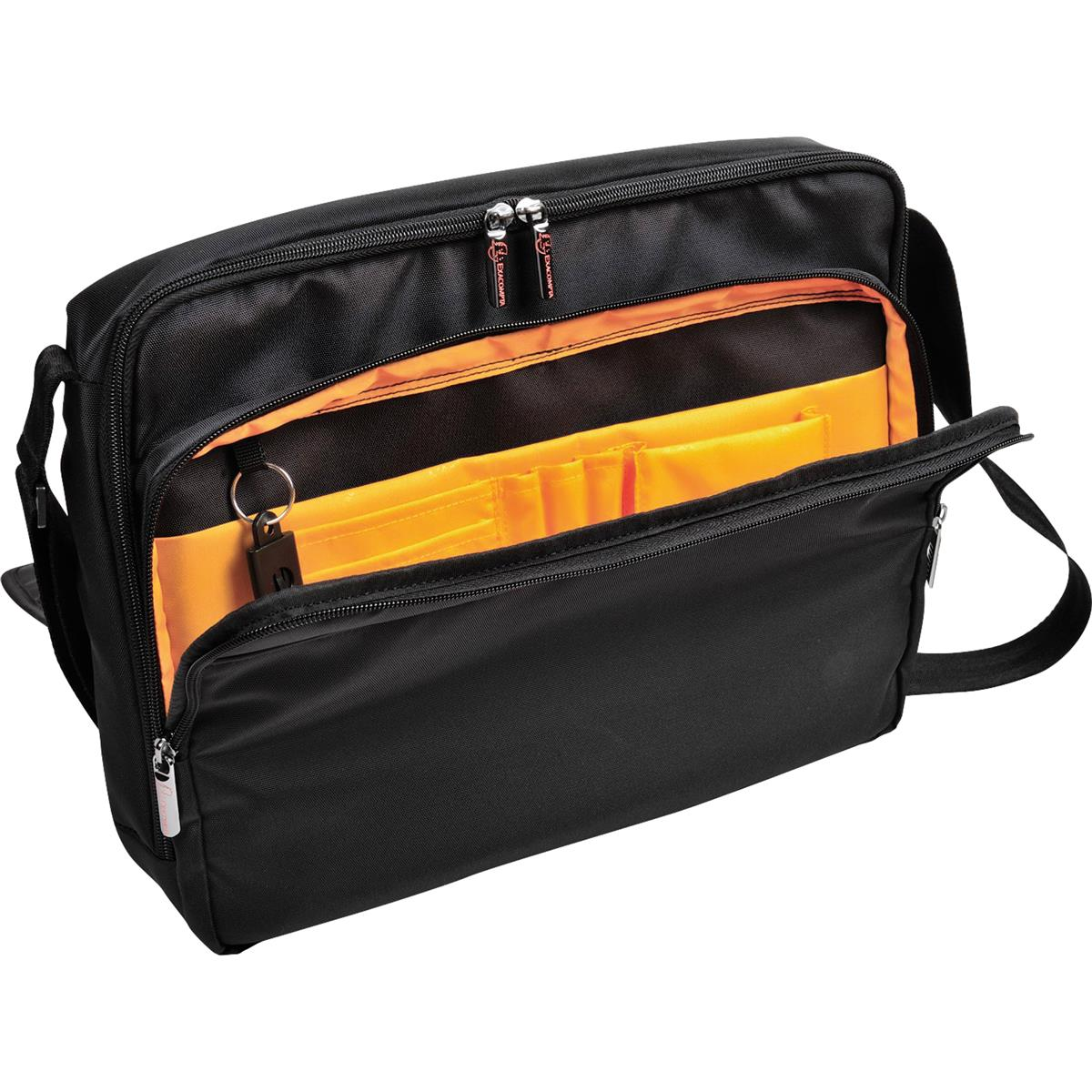Bolso mensajero negro con cremalleras abiertas que revelan compartimentos interiores naranjas.