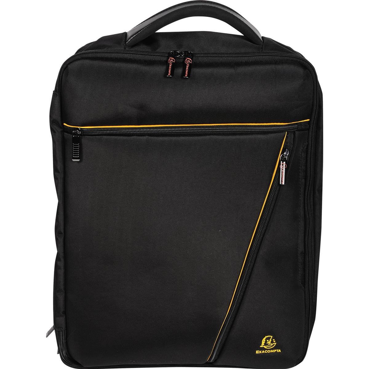 Mochila negra con detalles amarillos. Tiene asa y varias cremalleras. Se ve la marca EXACOMPTA.