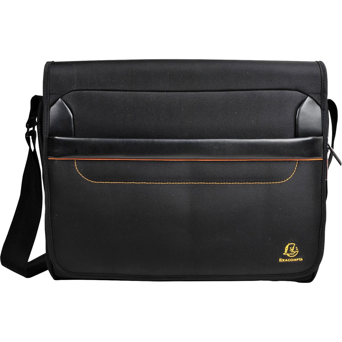 Bolso mensajero negro con correa para el hombro, costuras naranjas y el logo de Exacompta.