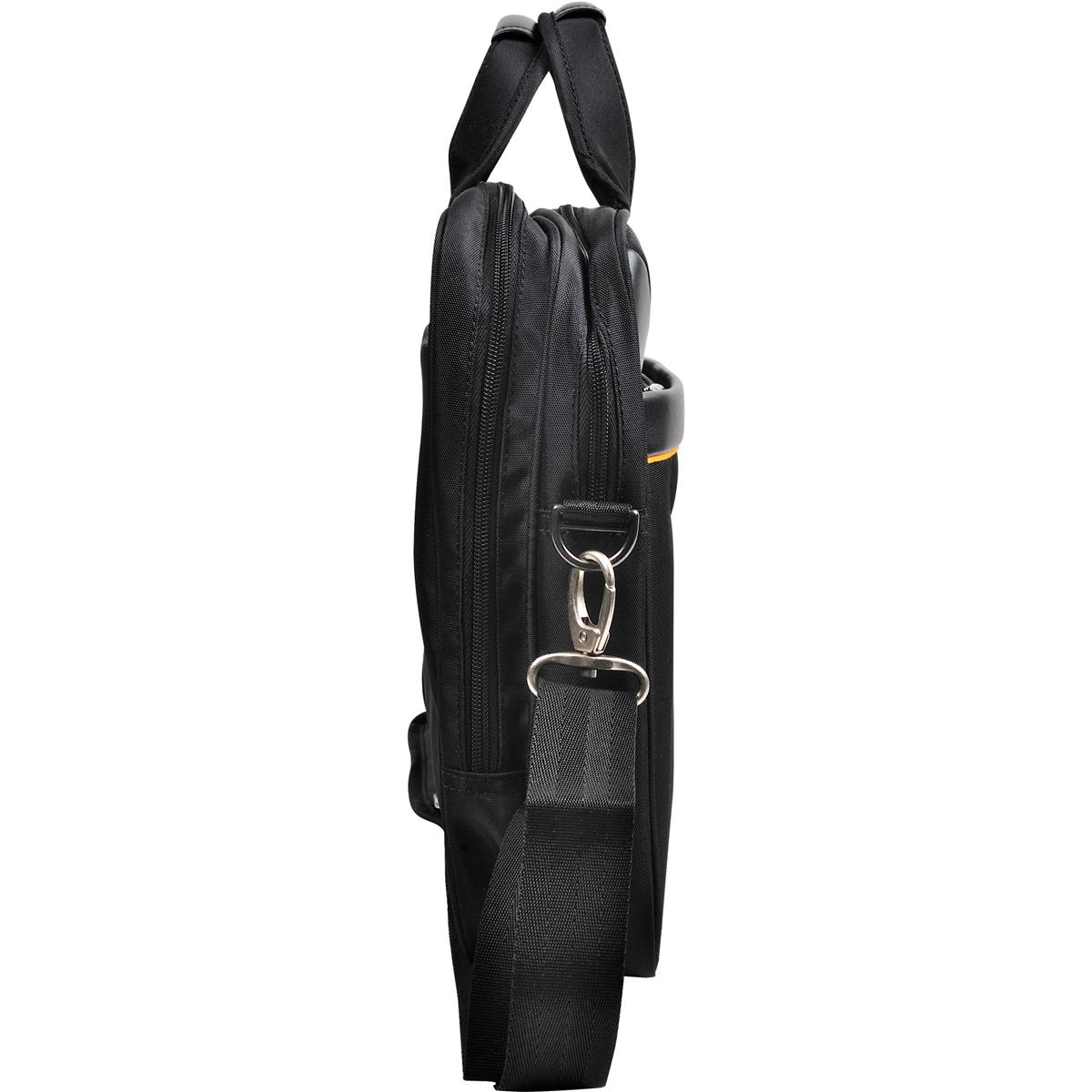 Vista lateral de una bolsa para portátil negra con correa para el hombro y herrajes metálicos plateados.