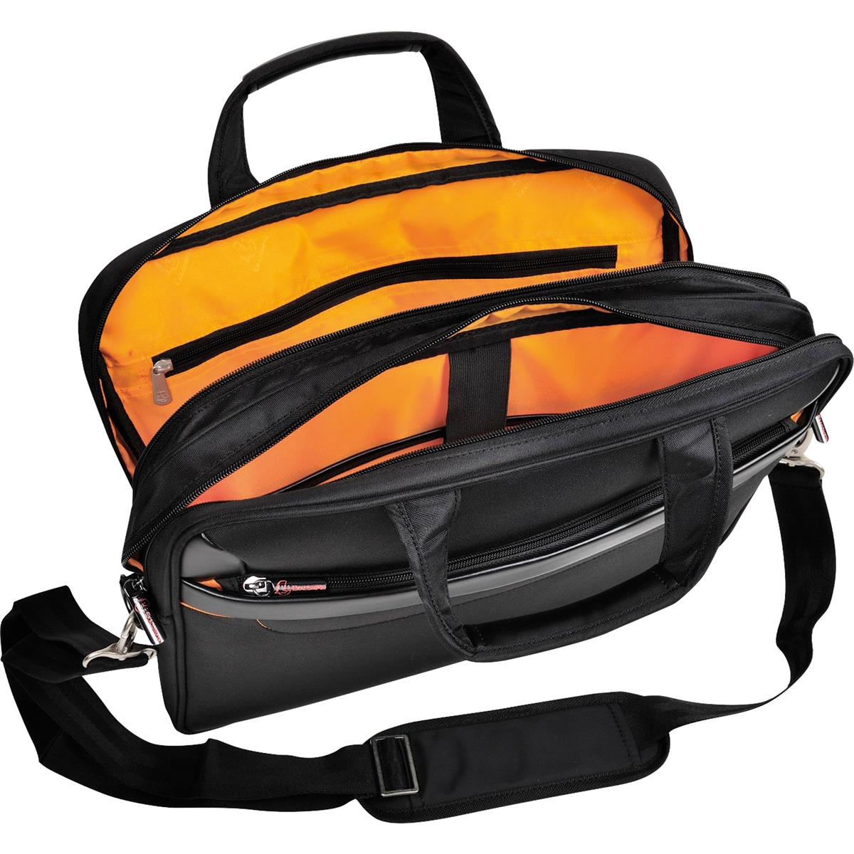 Bolsa para portátil negra, abierta, con interior naranja y múltiples compartimentos.