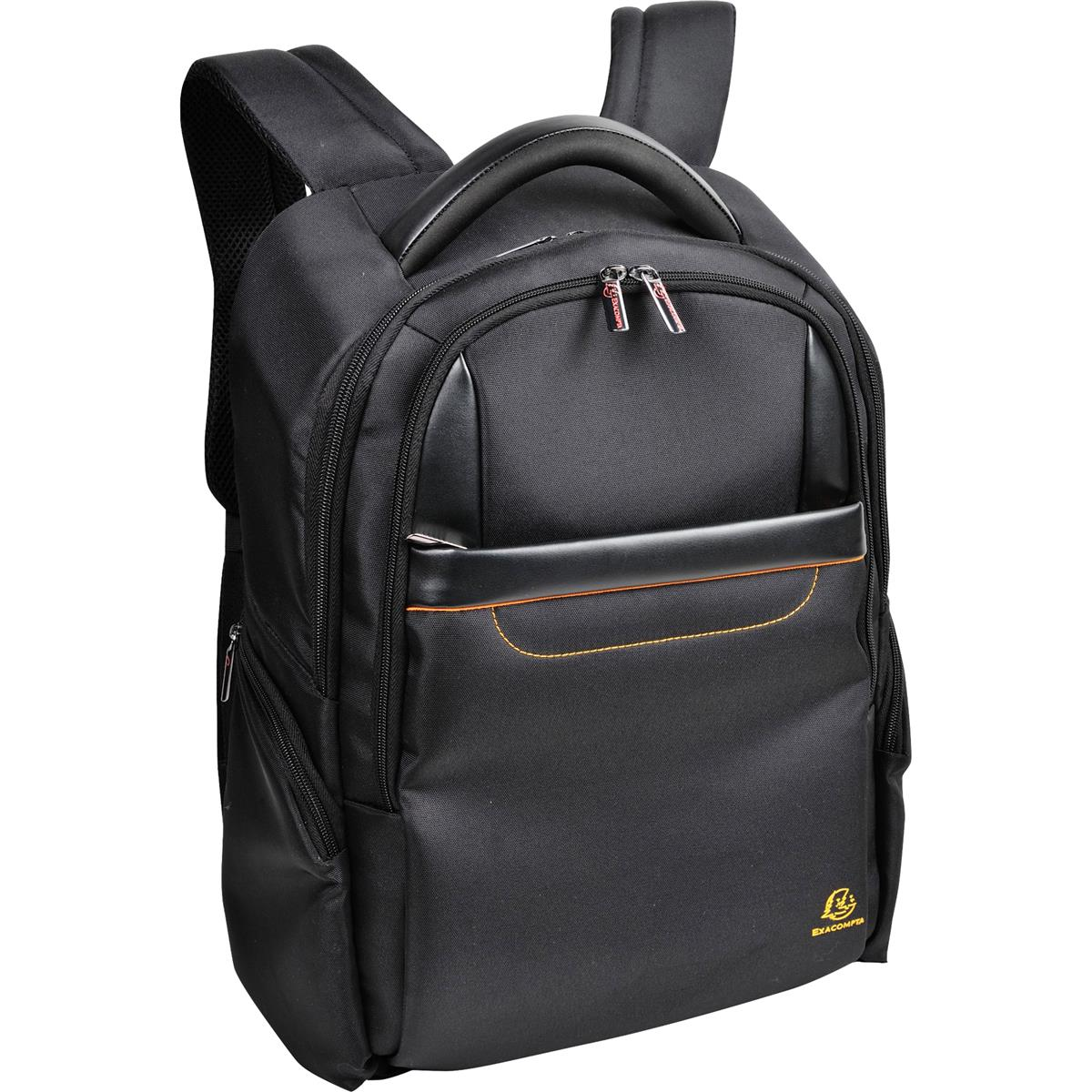 Mochila negra con detalles naranjas, un asa y múltiples bolsillos.