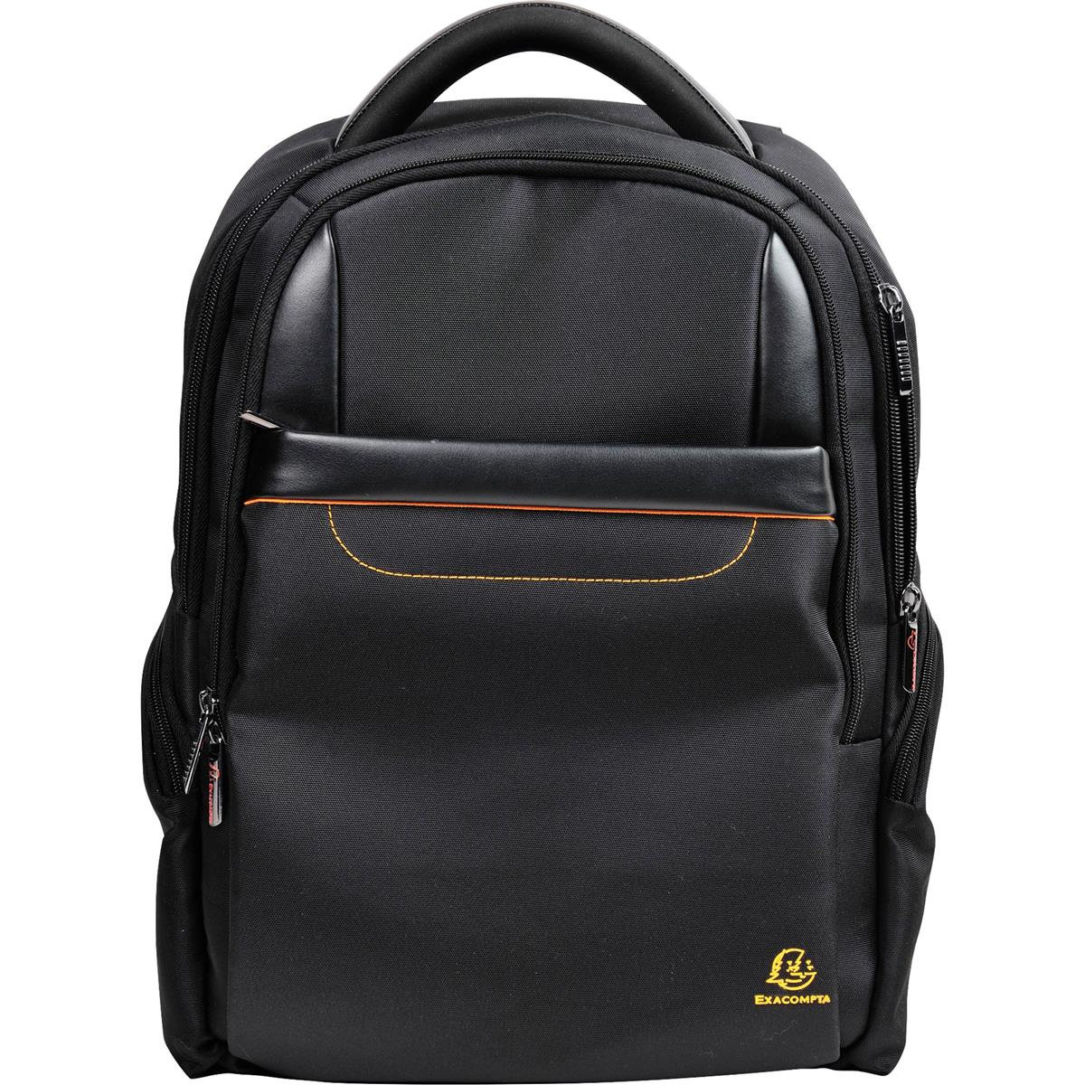 Mochila negra con múltiples compartimentos, incluido un bolsillo frontal con un pequeño acento naranja.