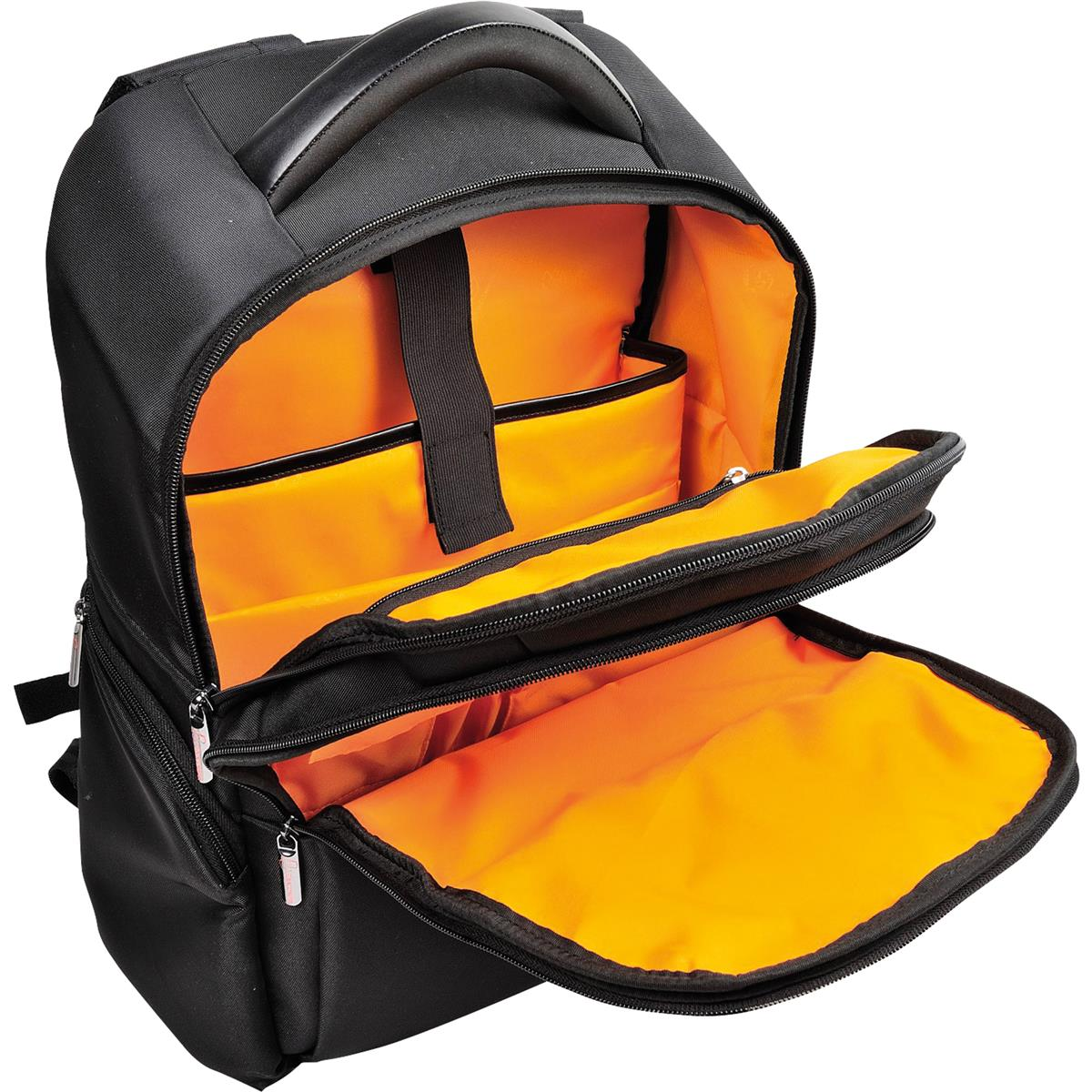 Mochila negra con interior naranja, abierta para mostrar los compartimentos.