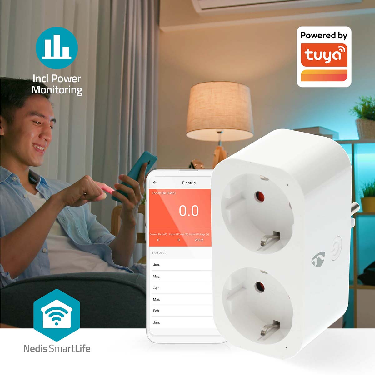 Man using phone to monitor smart plug and home electric usage. Smart plug is white.