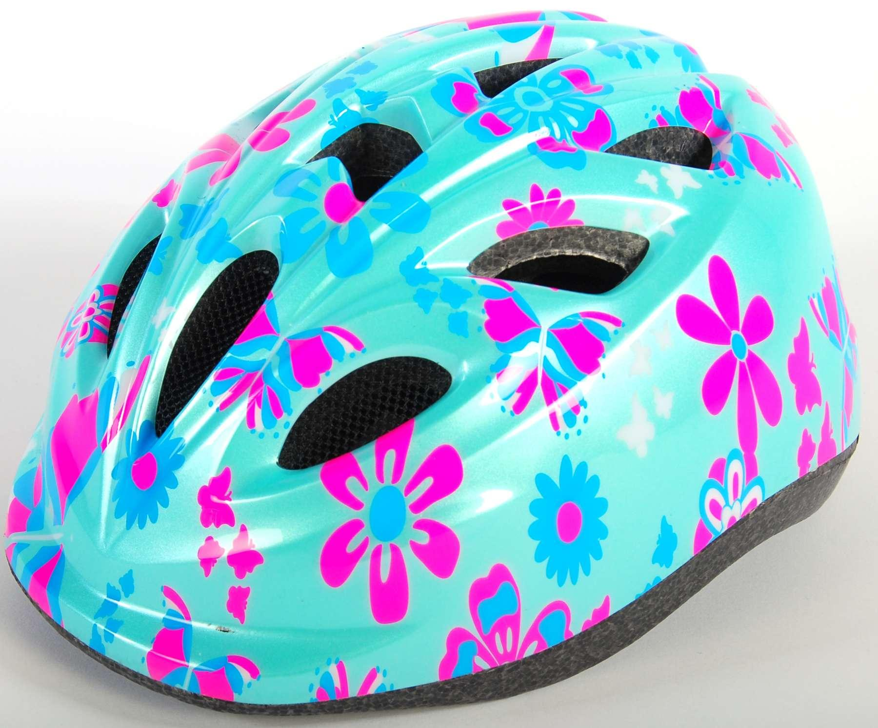 Türkisfarbener Fahrradhelm mit pinken und blauen Blumen und Schmetterlingsdesign.