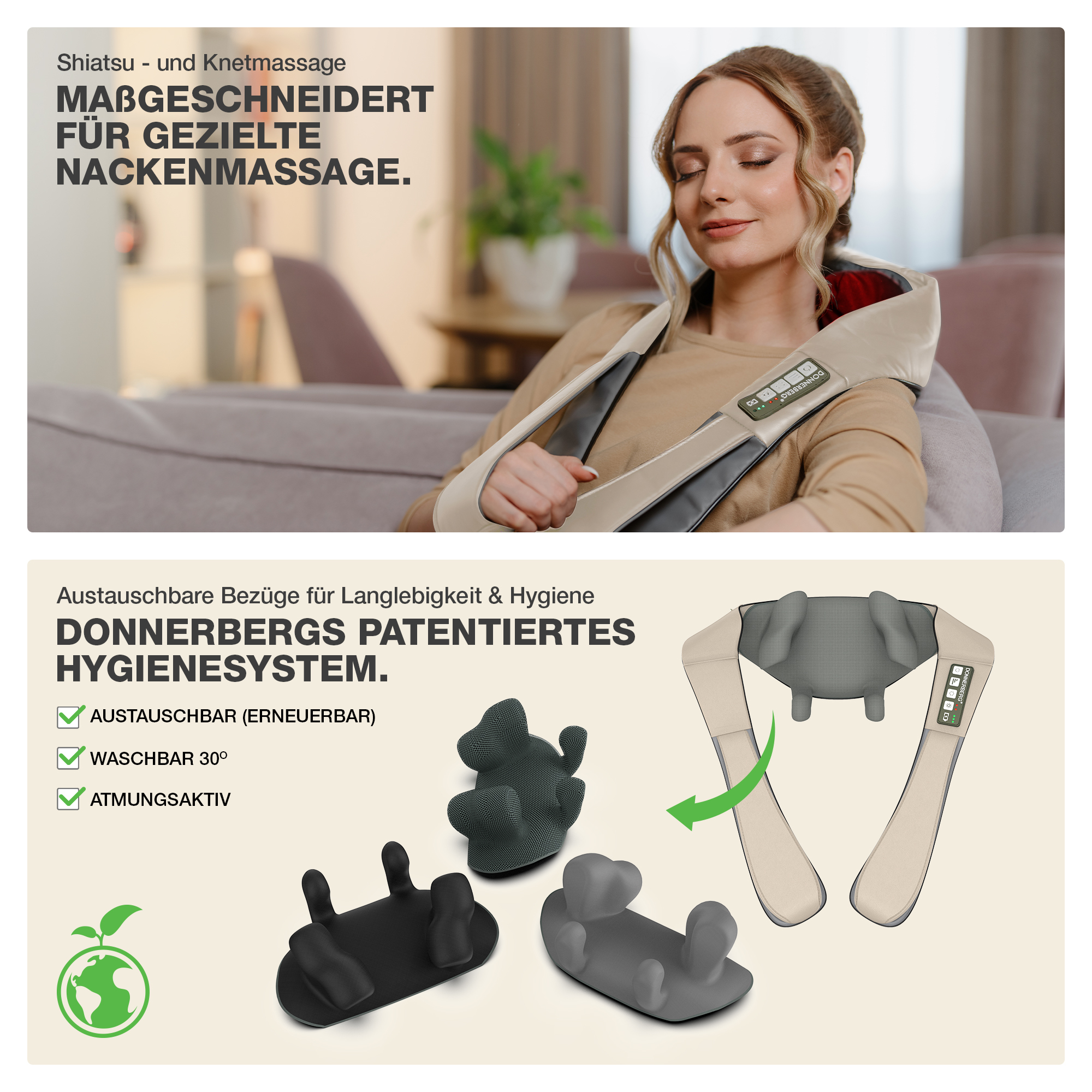 Frau mit Nackenmassage-Wickel. Die Produktbeschreibung hebt Merkmale und Vorteile hervor.